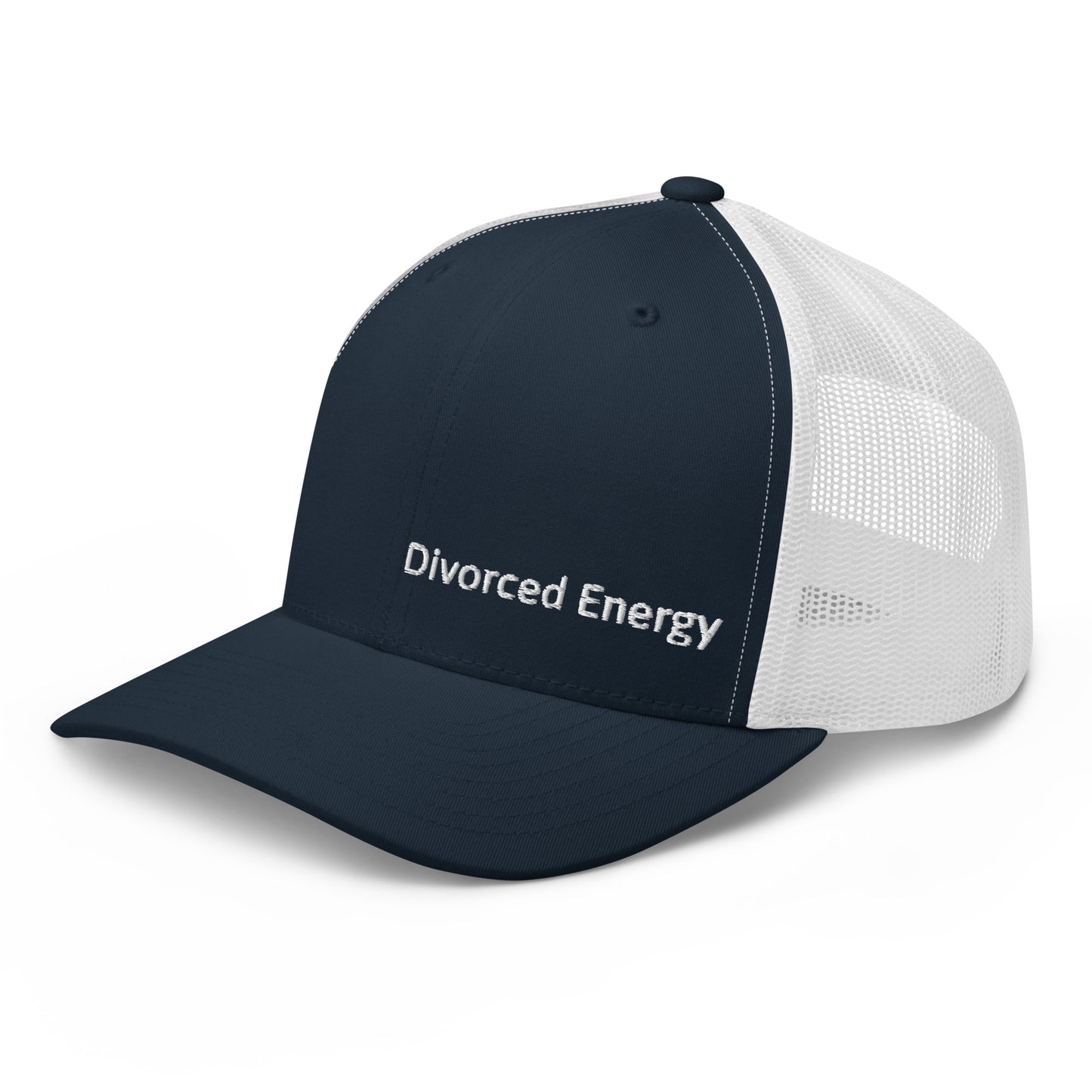 Side view of blue and white trucker cap with Divorced Energy white embroidery on front
