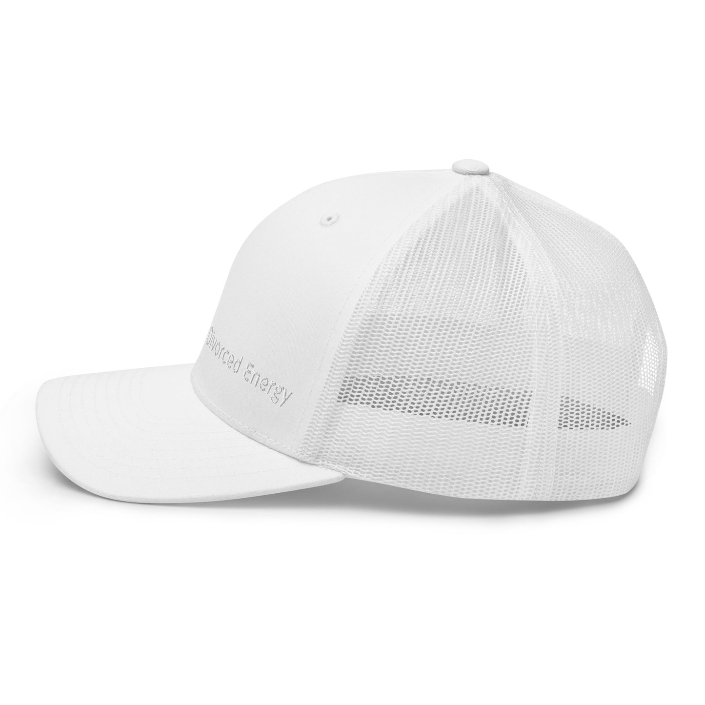 Side view white trucker cap with Divorced Energy embroidery in white on front
