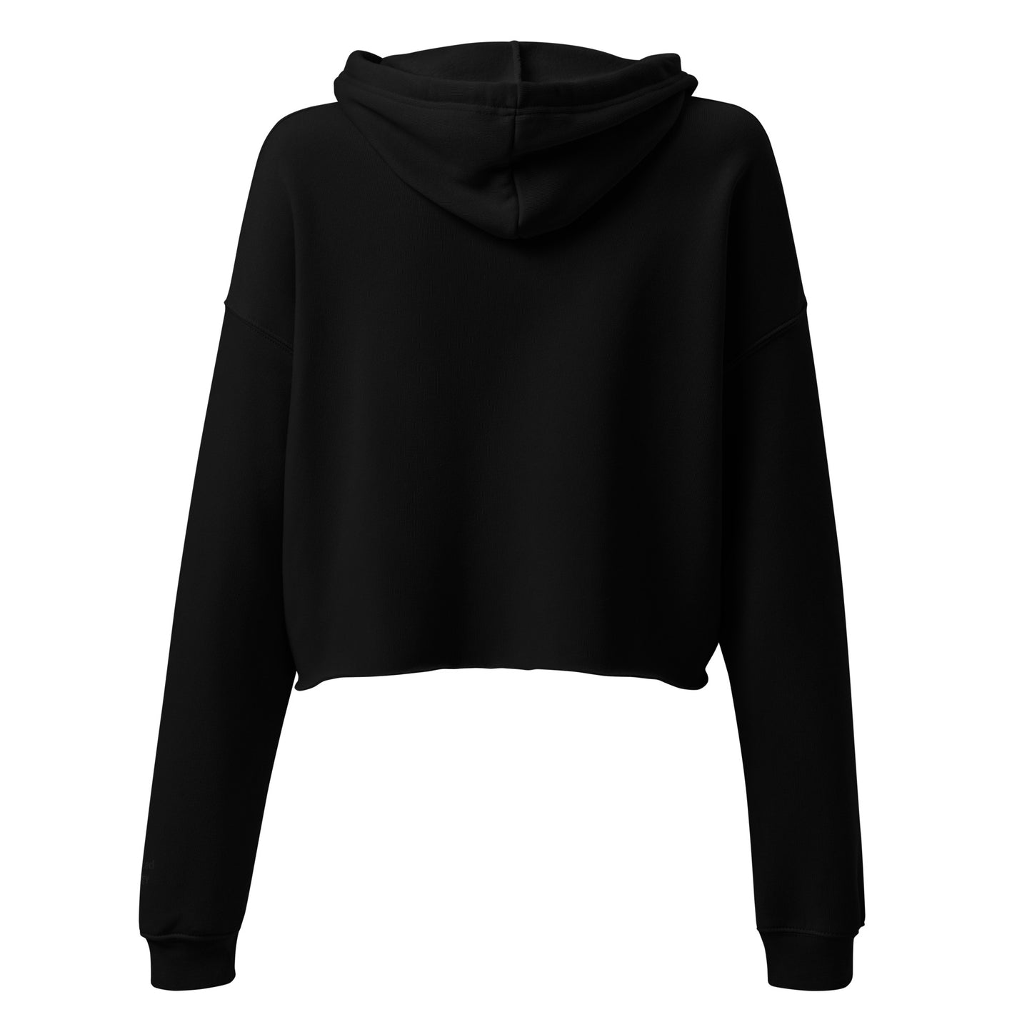Back view black crop hoodie with Divorced Energy embroidered in black on left wrist
