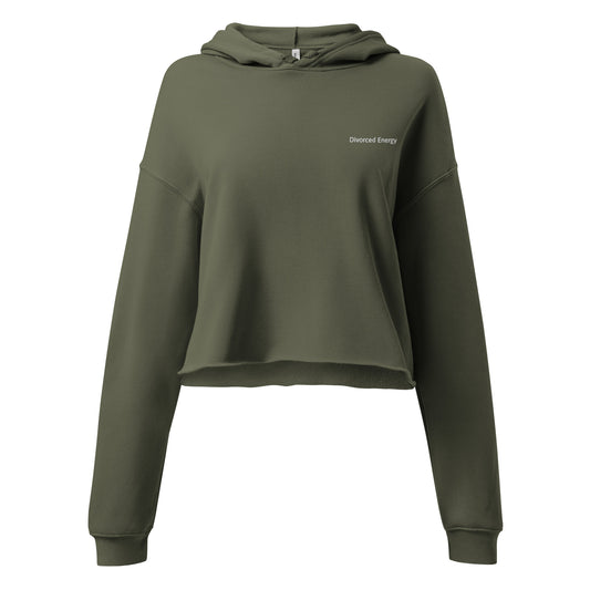 Green crop hoodie with Divorced Energy embroidered in white on left chest