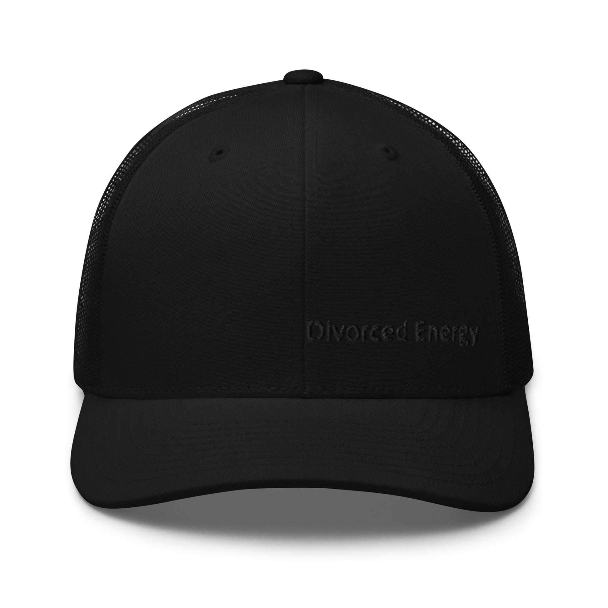 Front view of Black trucker cap with Divorced Energy embroidery in black on front