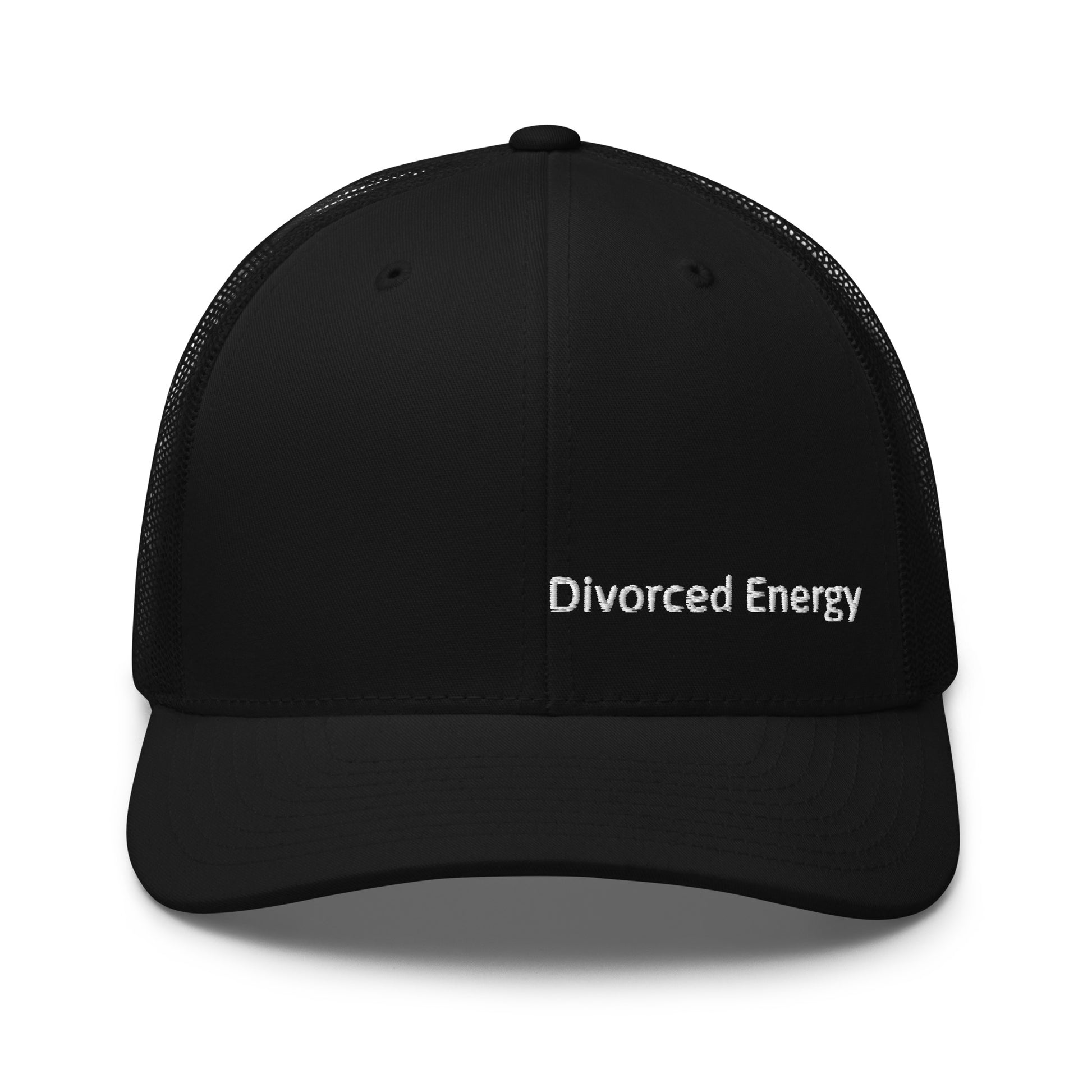 Black trucker cap with Divorced Energy white embroidery on front