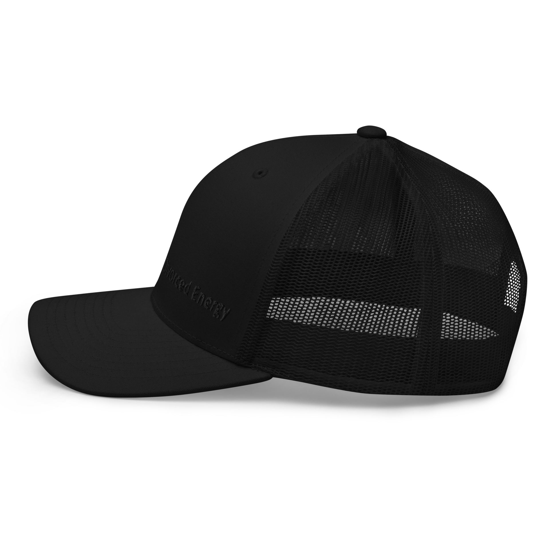 Side view of Black trucker cap with Divorced Energy embroidery in black on front