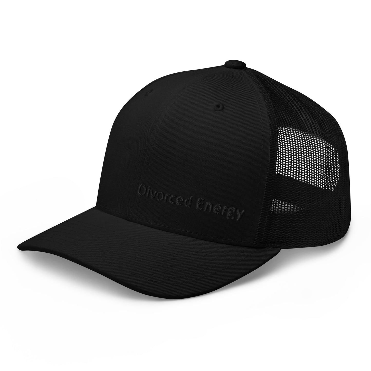 Side view of black trucker cap with Divorced Energy embroidery in black on front