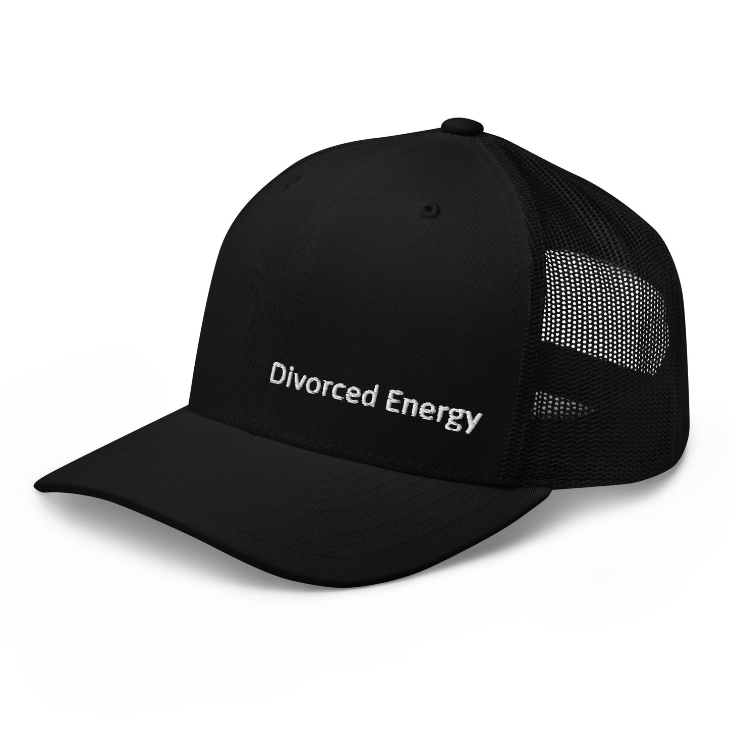 Side view of black trucker cap with Divorced Energy white embroidery on front