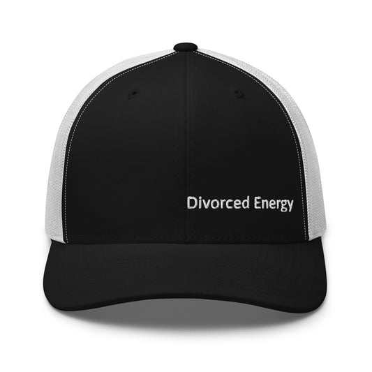 Black and white trucker cap with Divorced Energy white embroidery on front