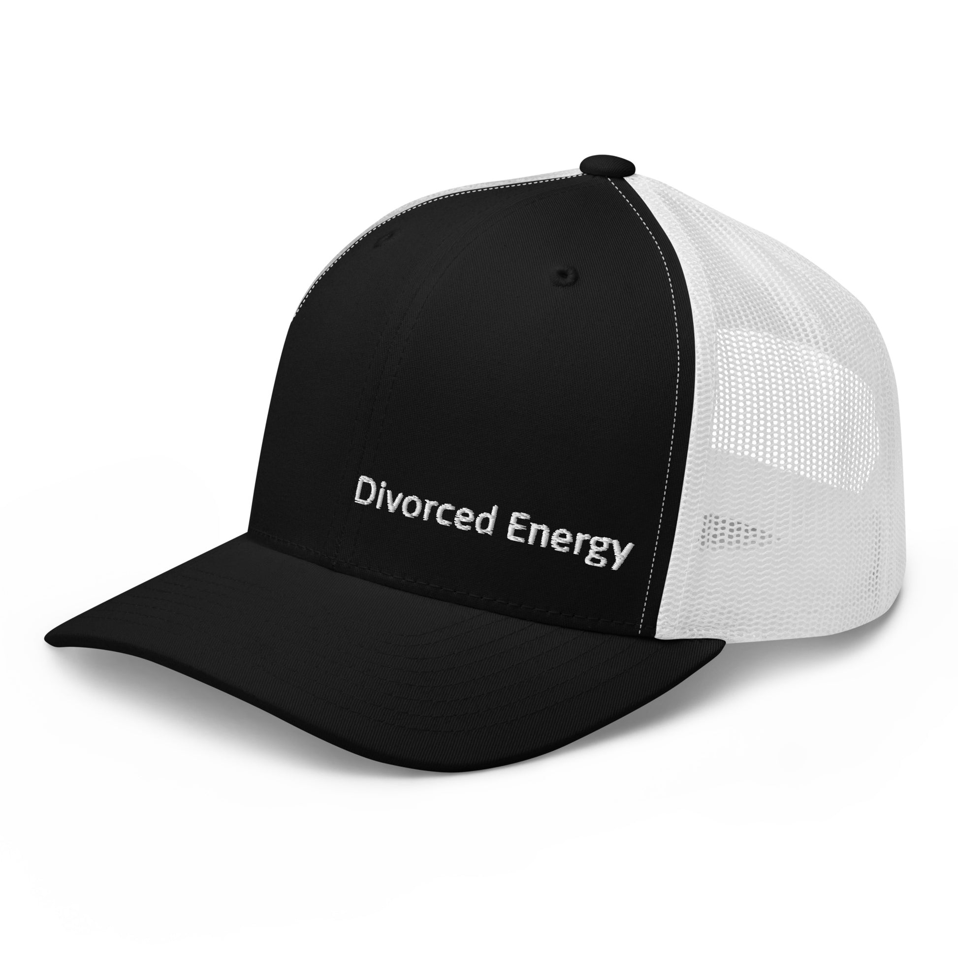 Side view of black and white trucker cap with Divorced Energy white embroidery on front