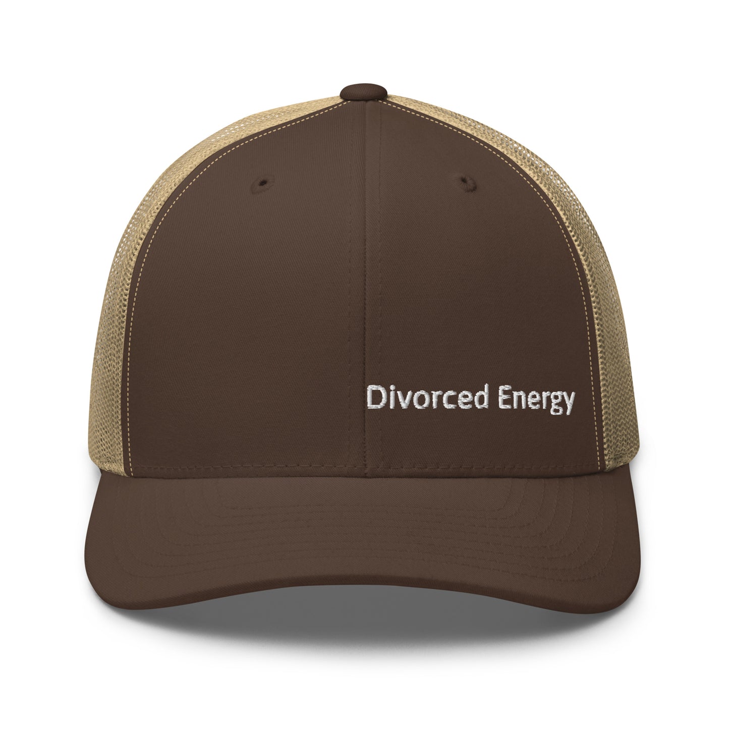 Brown trucker cap with Divorced Energy white embroidery on front