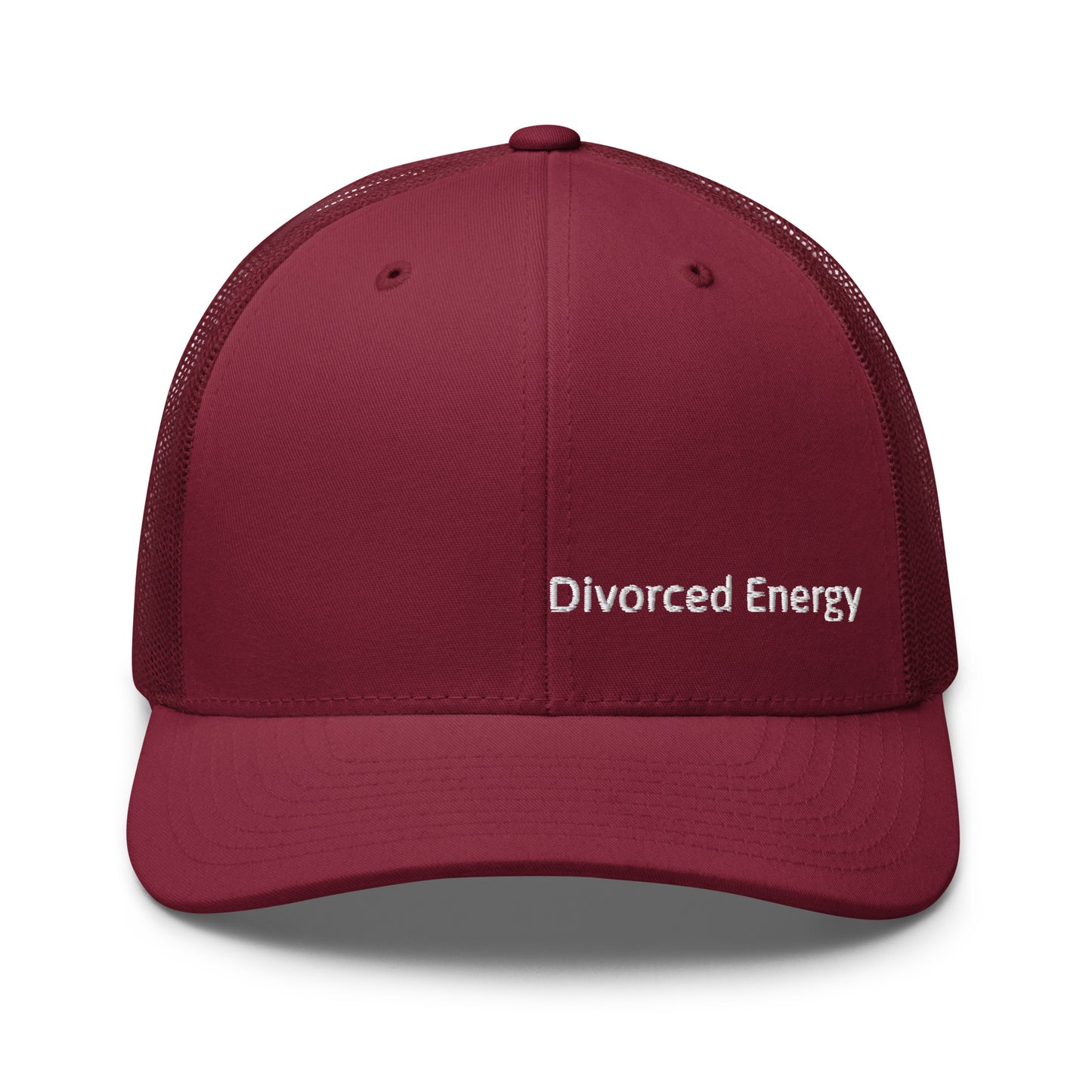 Red trucker cap with Divorced Energy white embroidery on front