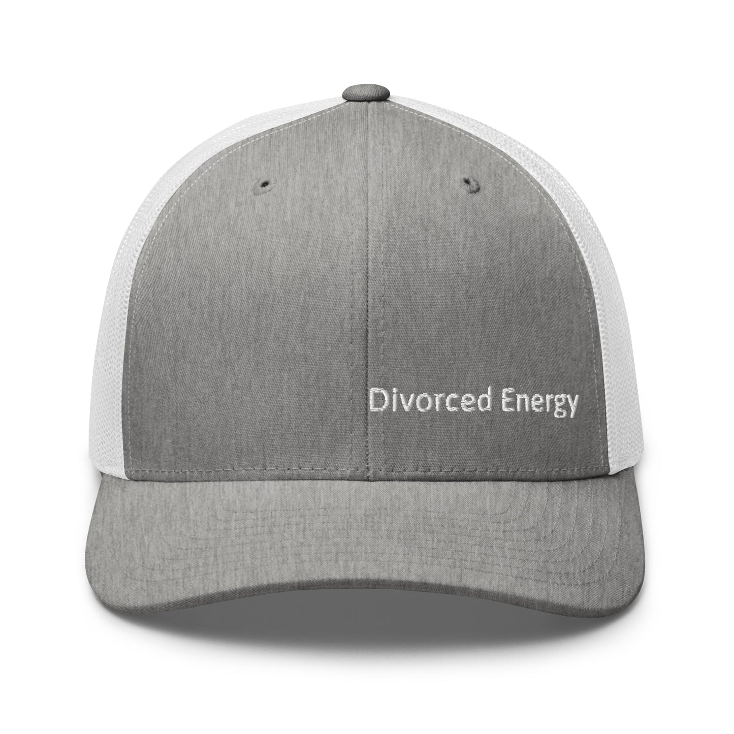 Gray and white trucker cap with Divorced Energy white embroidery on front