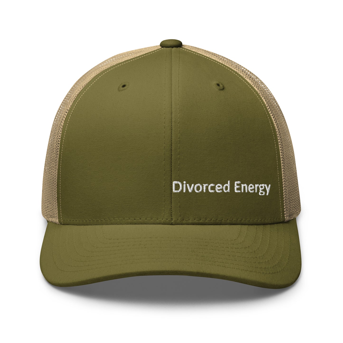 Green and tan trucker cap with Divorced Energy white embroidery on front