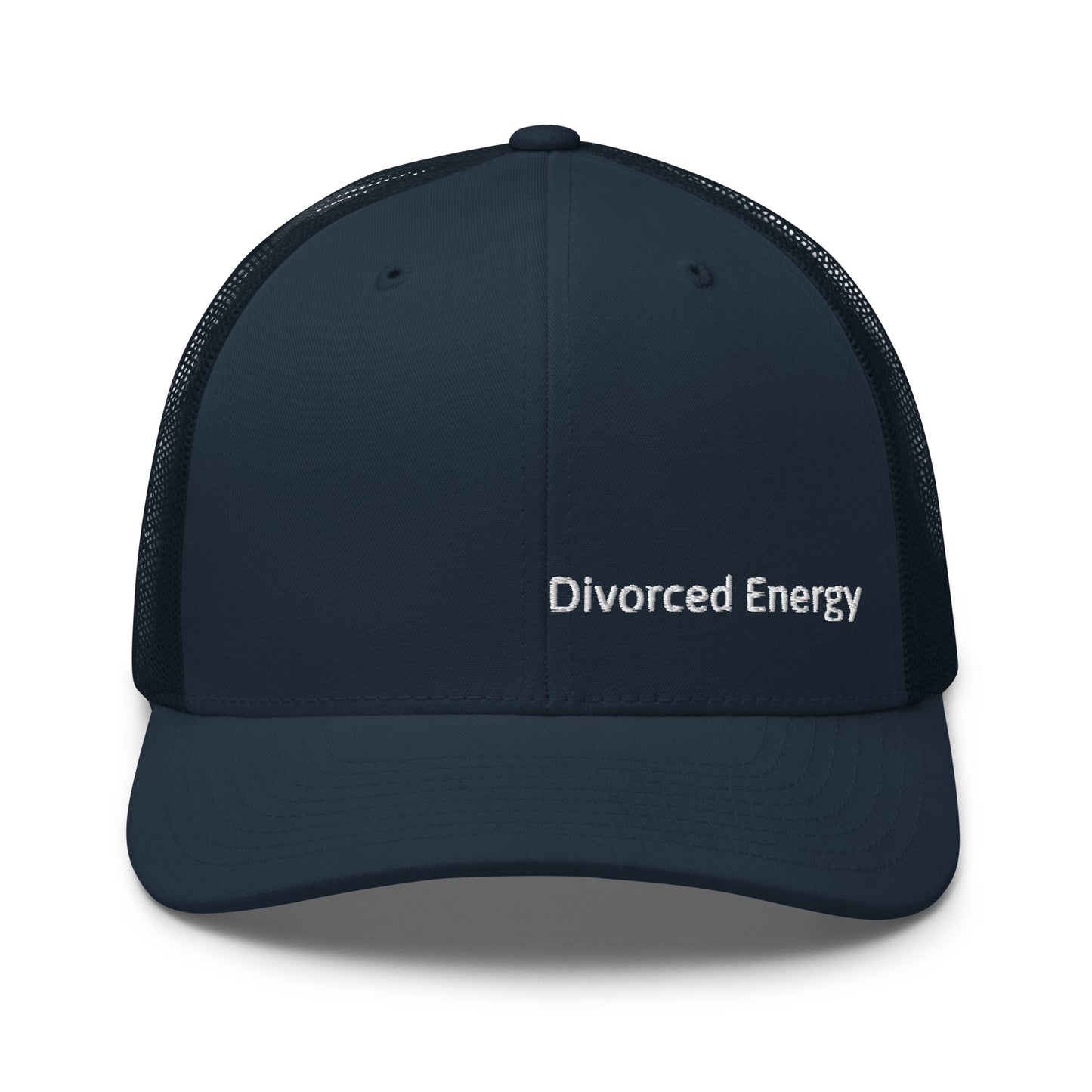Blue trucker cap with Divorced Energy white embroidery on front