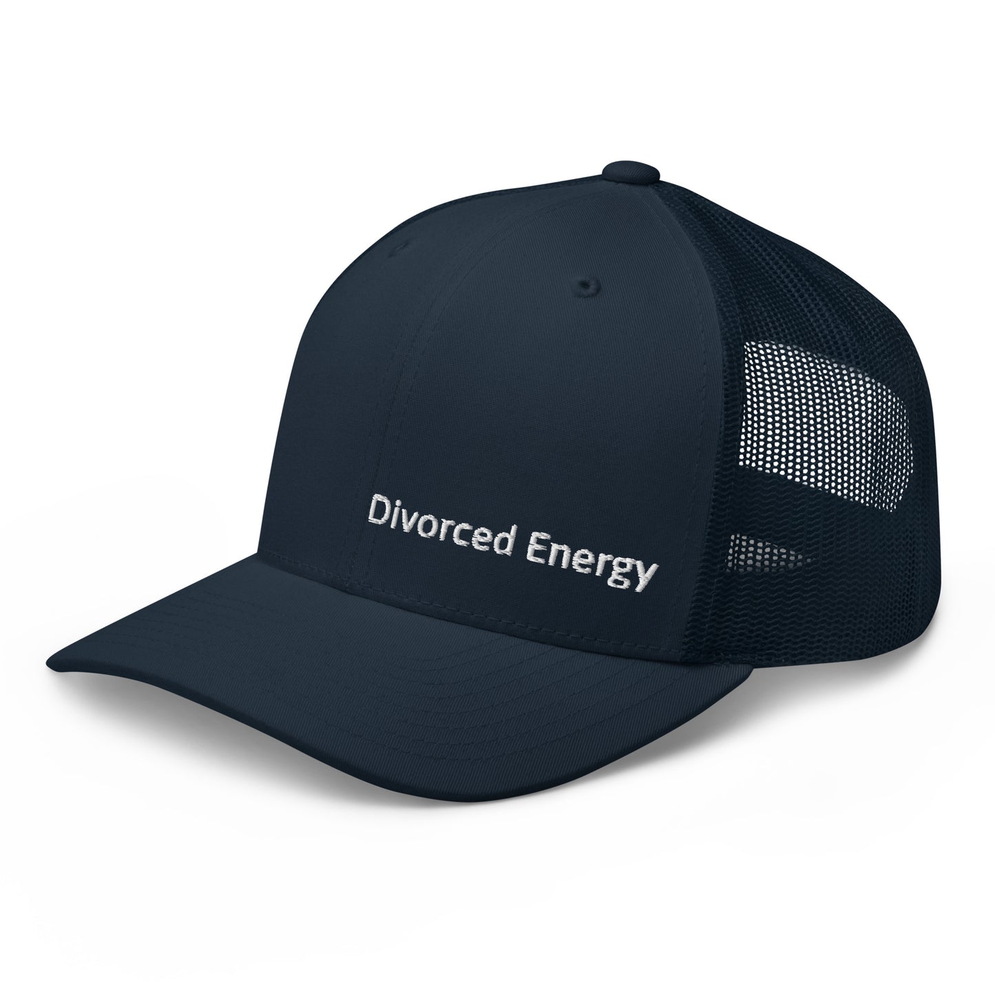 Side view of blue trucker cap with Divorced Energy white embroidery on front