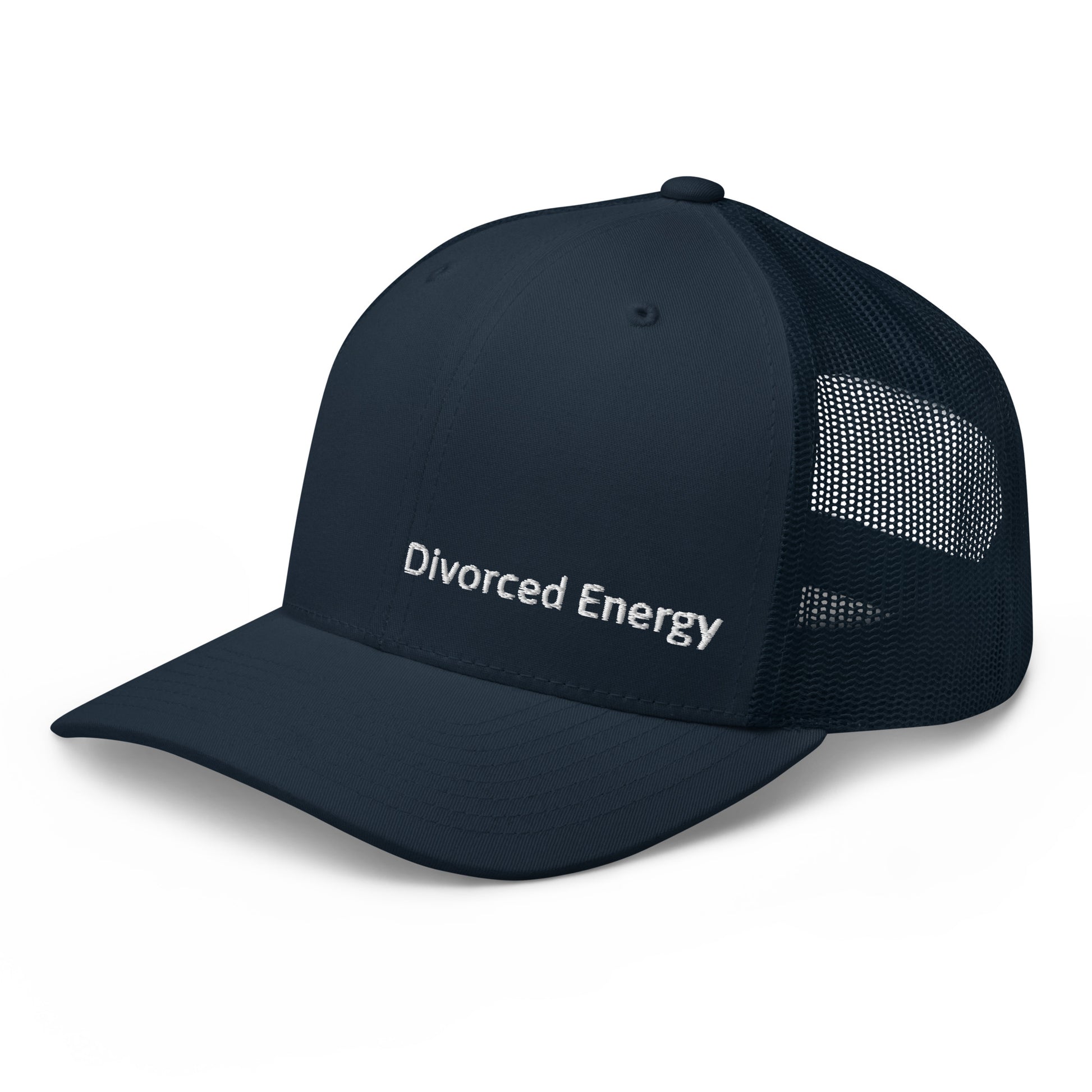 Side view of blue trucker cap with Divorced Energy white embroidery on front