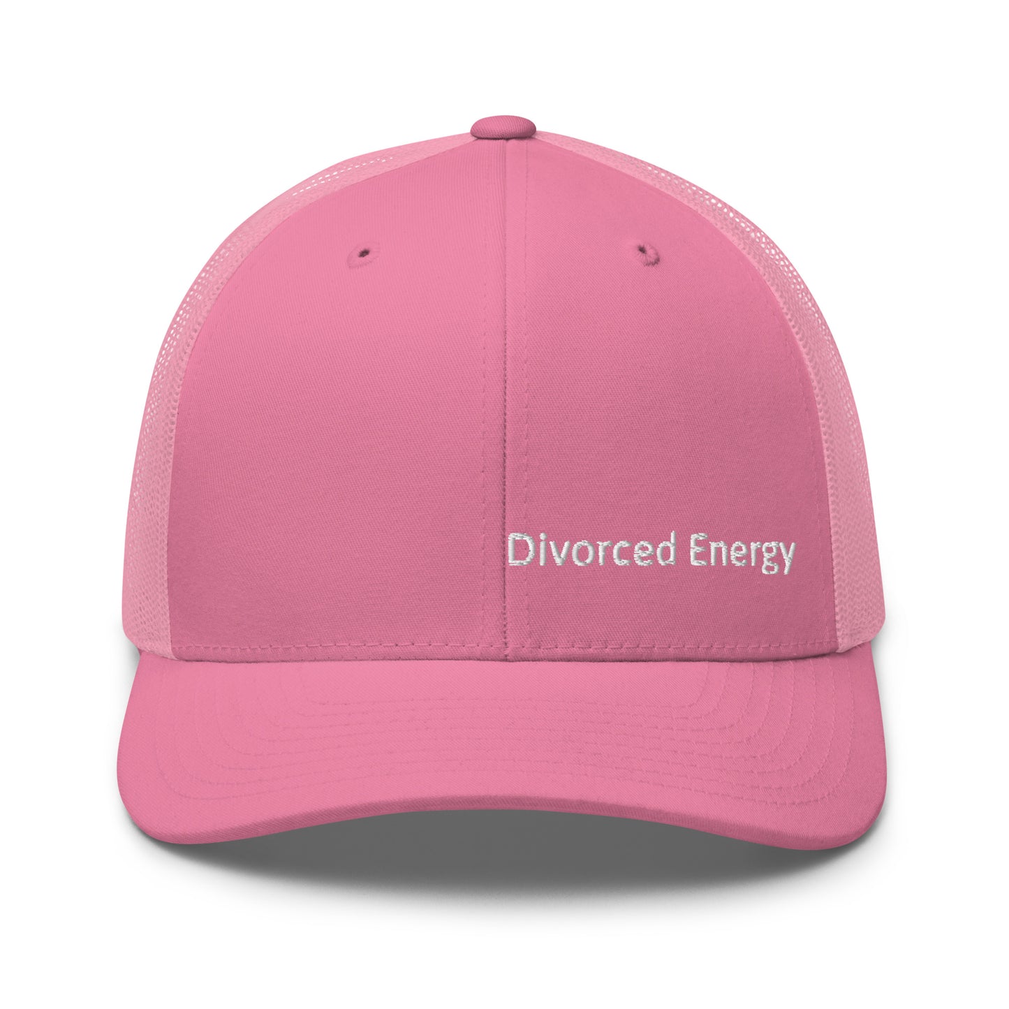 Pink trucker cap with Divorced Energy white embroidery on front