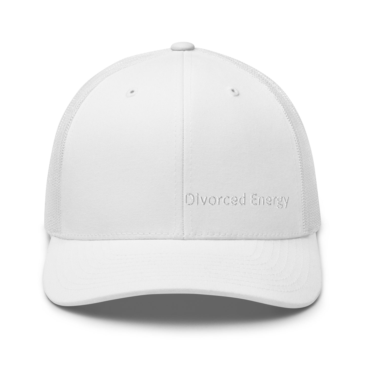 White trucker cap with Divorced Energy white embroidery on front