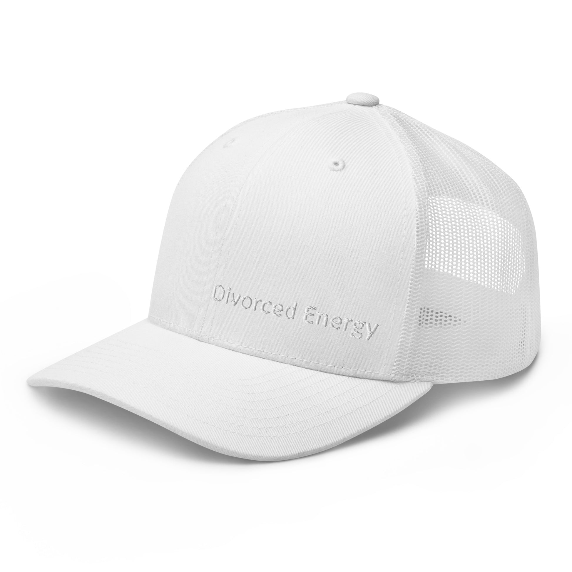 Side view white trucker cap with Divorced Energy embroidery in white on front