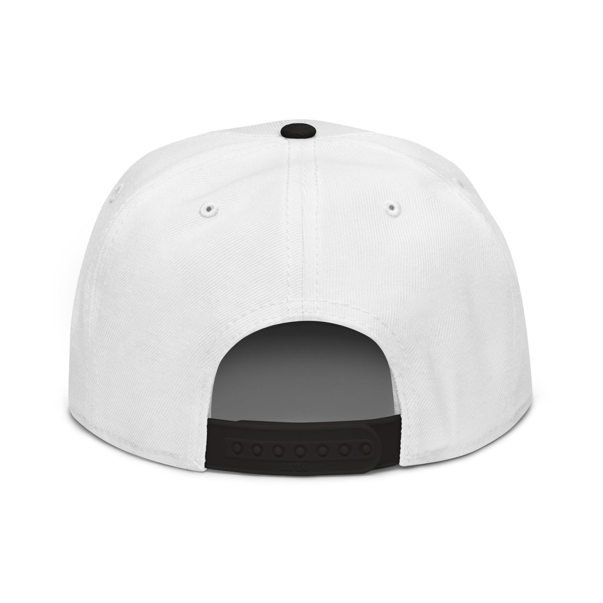 Back view of black and white snapback showing flat brim with Divorced Energy  embroidered in black