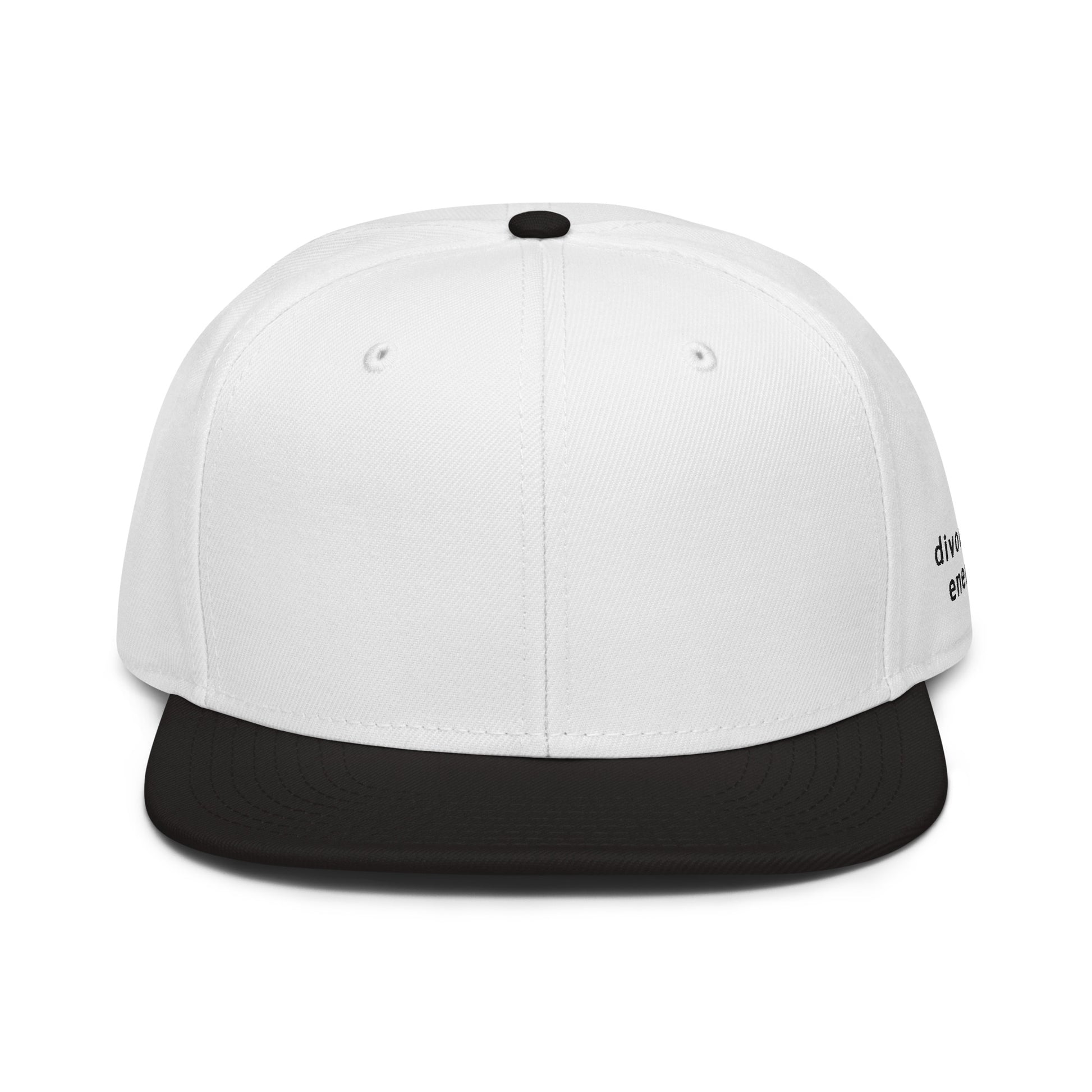 Front view of black and white snapback showing flat brim with Divorced Energy  embroidered in black