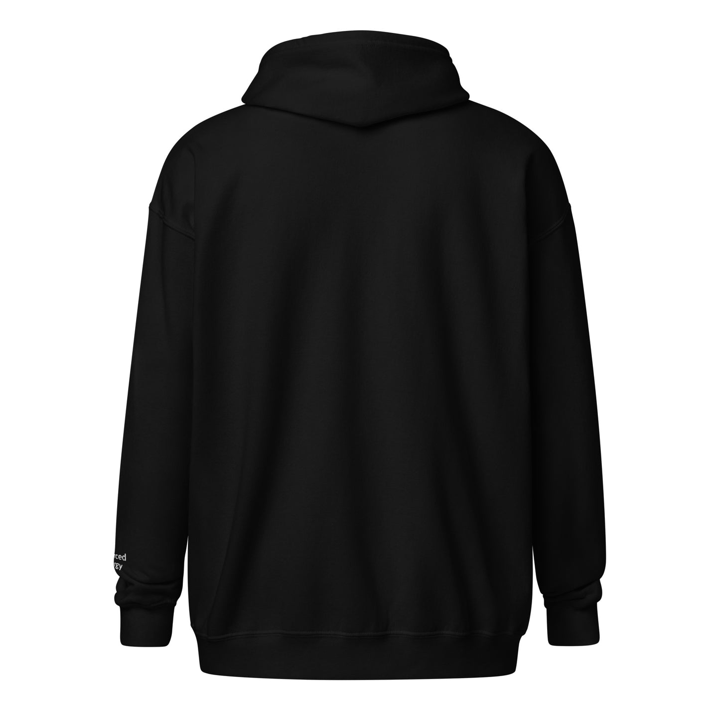 Back view of black zip hoodie with Divorced Energy embroidered in white on wrist