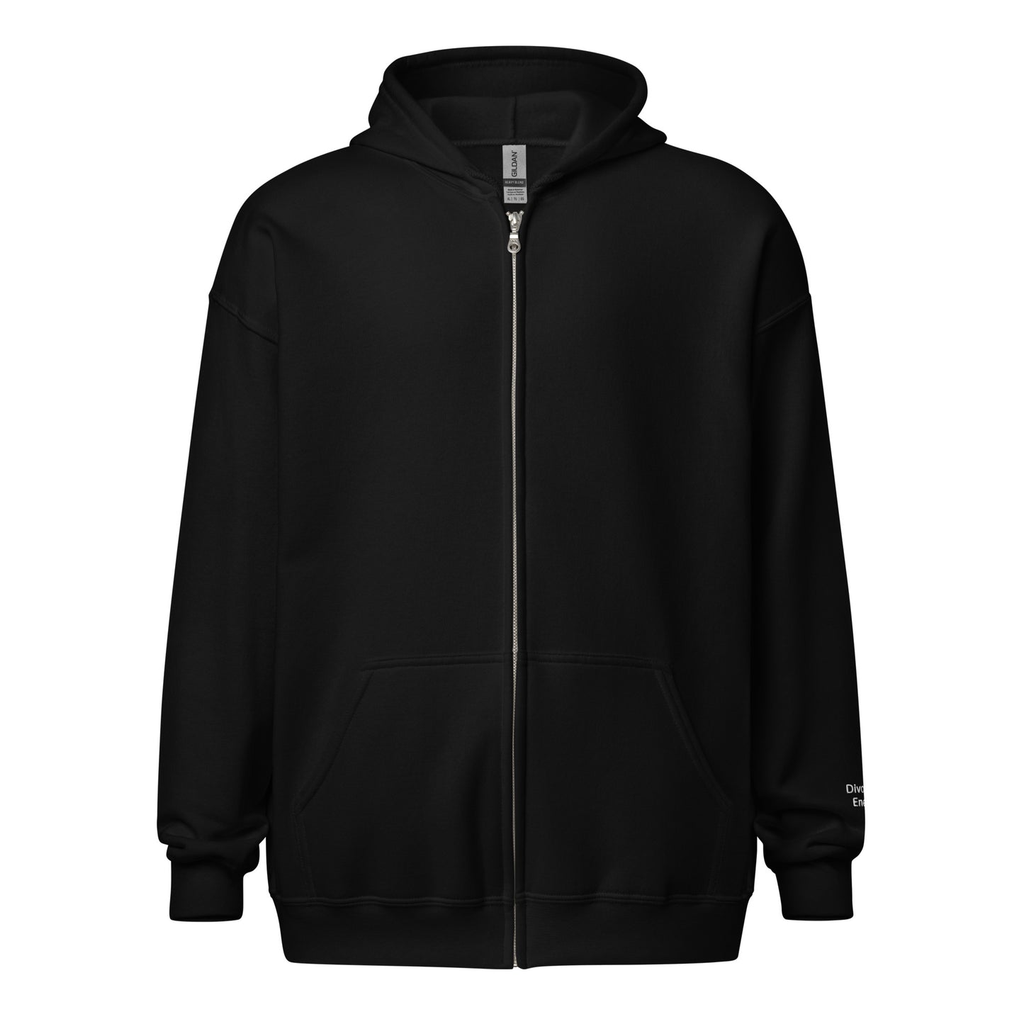 Black zip hoodie with Divorced Energy embroidered in white on wrist