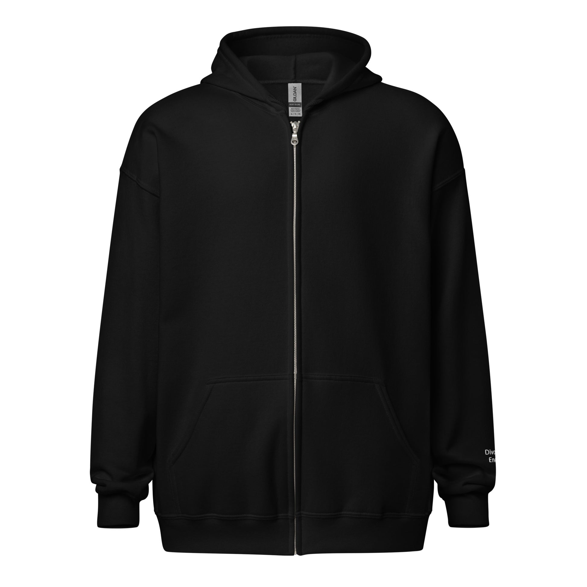 Black zip hoodie with Divorced Energy embroidered in white on wrist