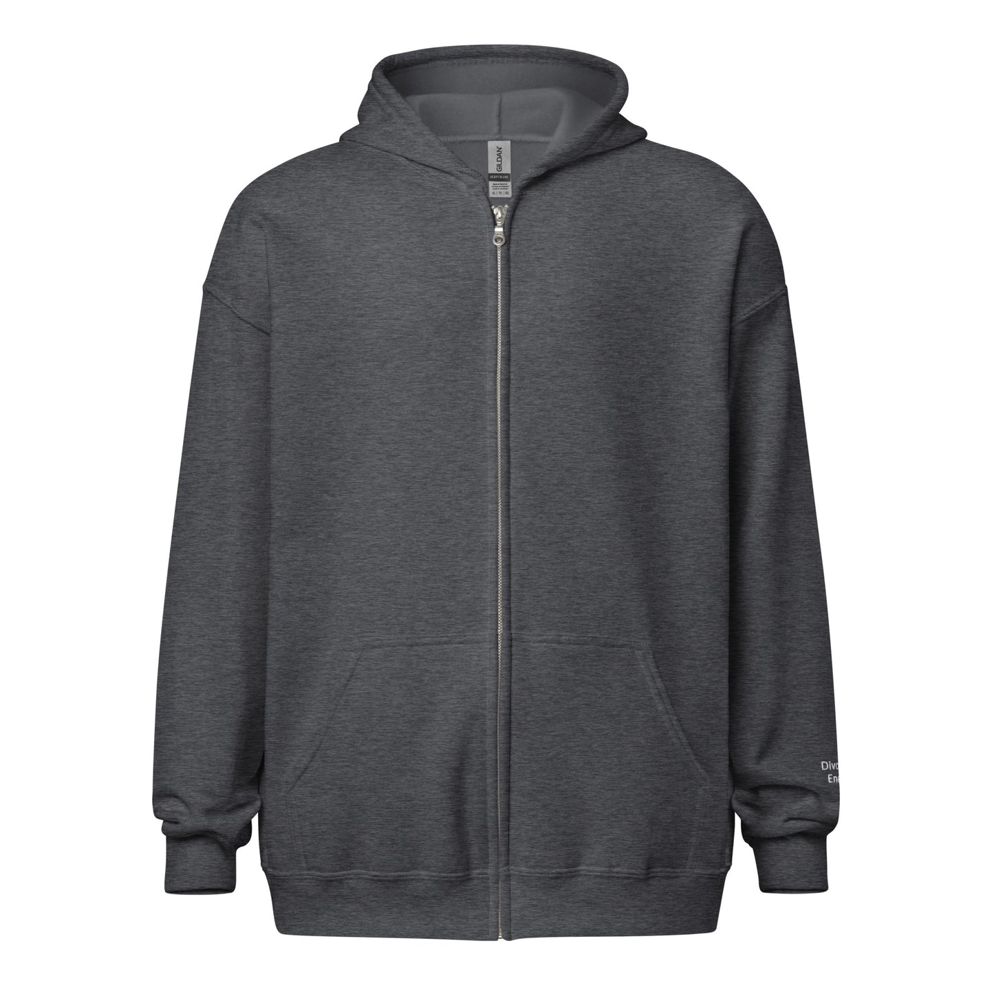 Charcoal zip hoodie with Divorced Energy embroidered in white on wrist