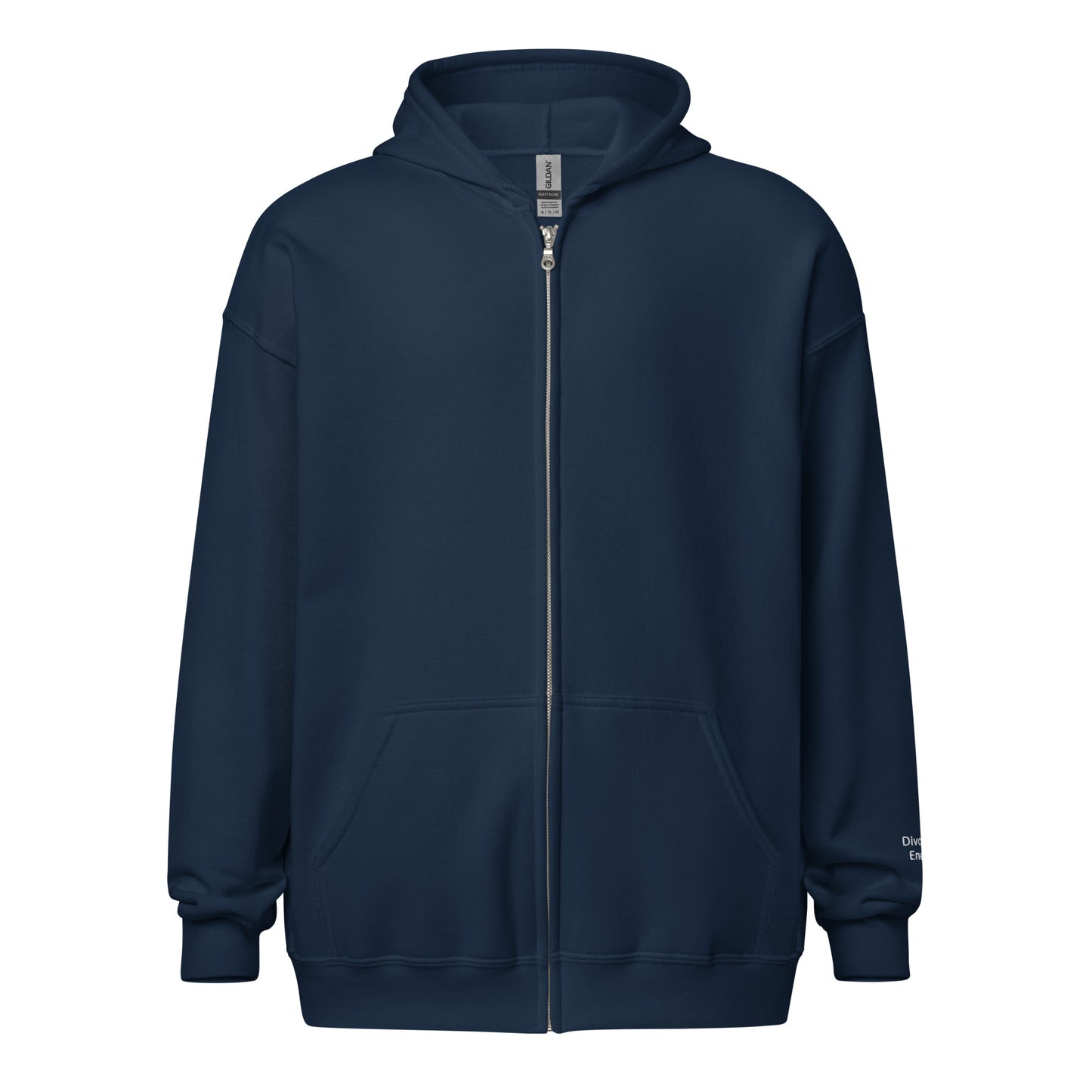Blue zip hoodie with Divorced Energy embroidered in white on wrist