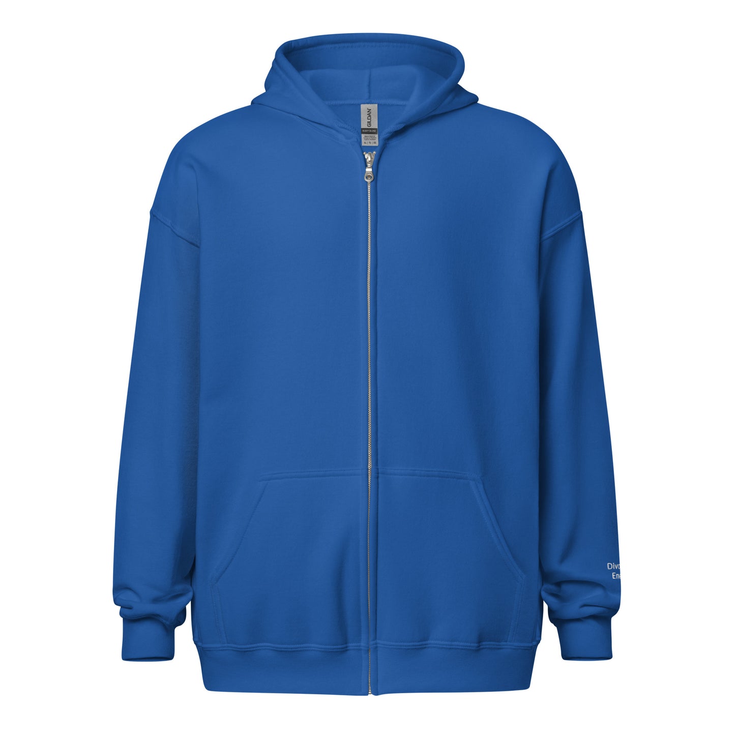 Blue zip hoodie with Divorced Energy embroidered in white on wrist