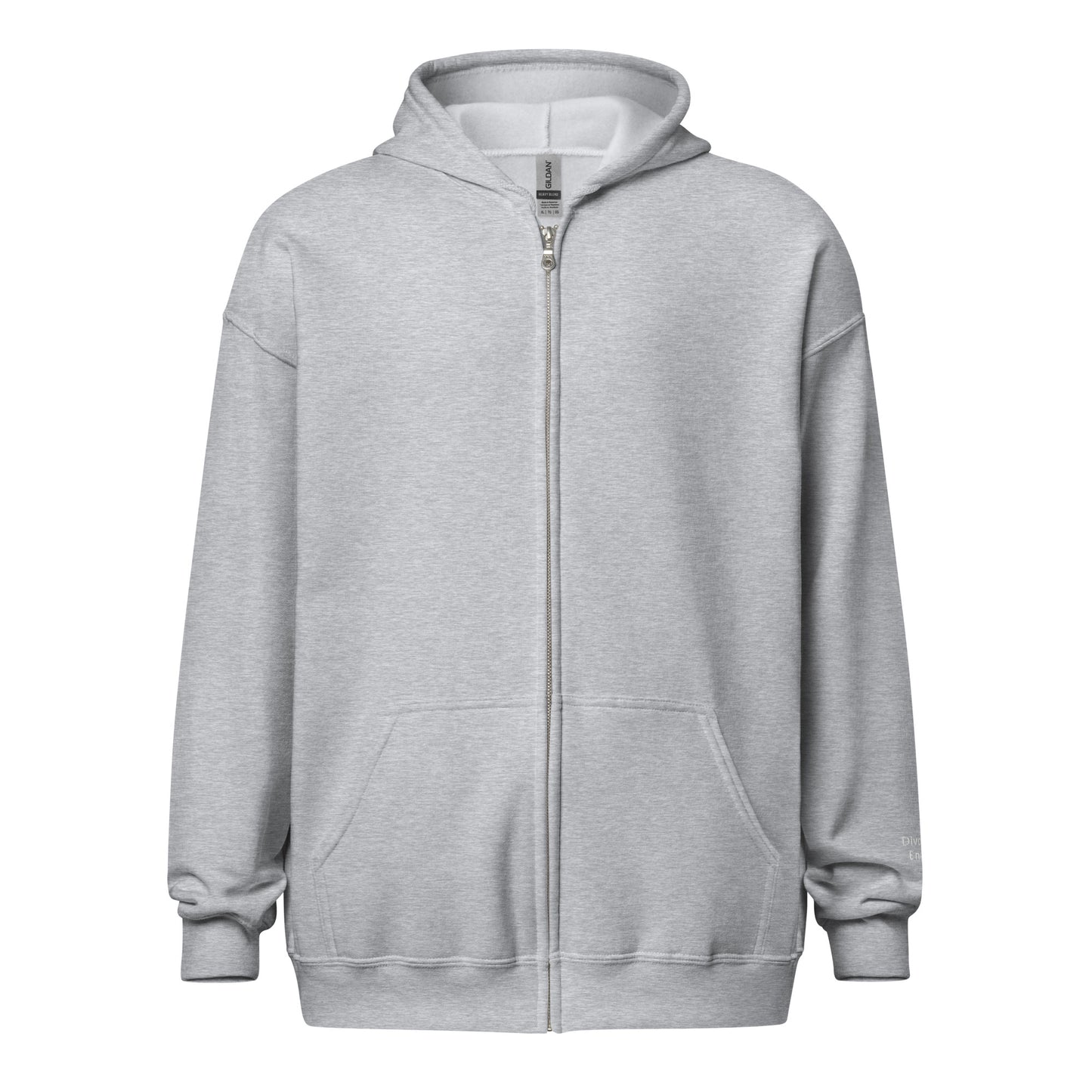 Gray zip hoodie with Divorced Energy embroidered in white on wrist