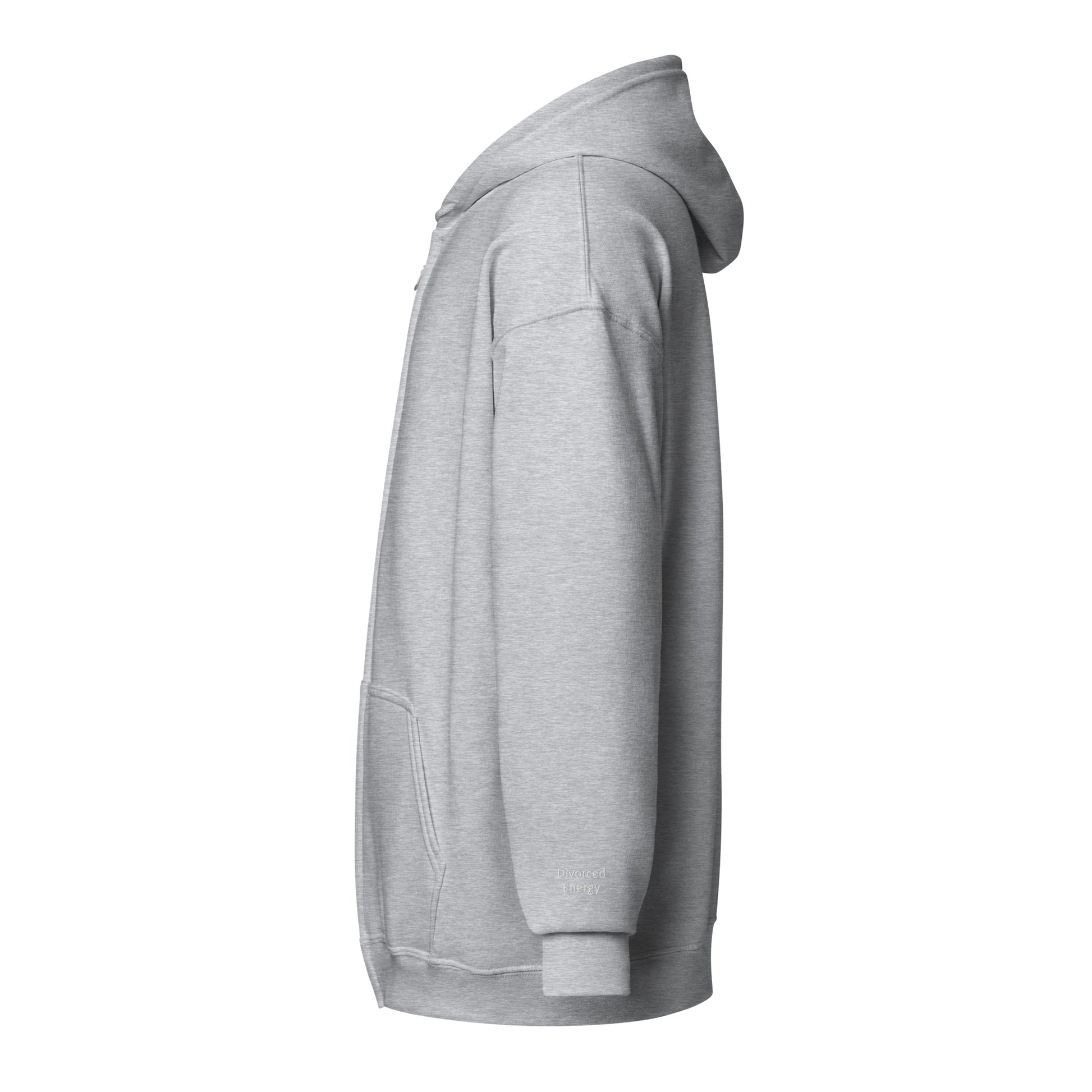 Side view gray zip hoodie with Divorced Energy embroidered in white on wrist