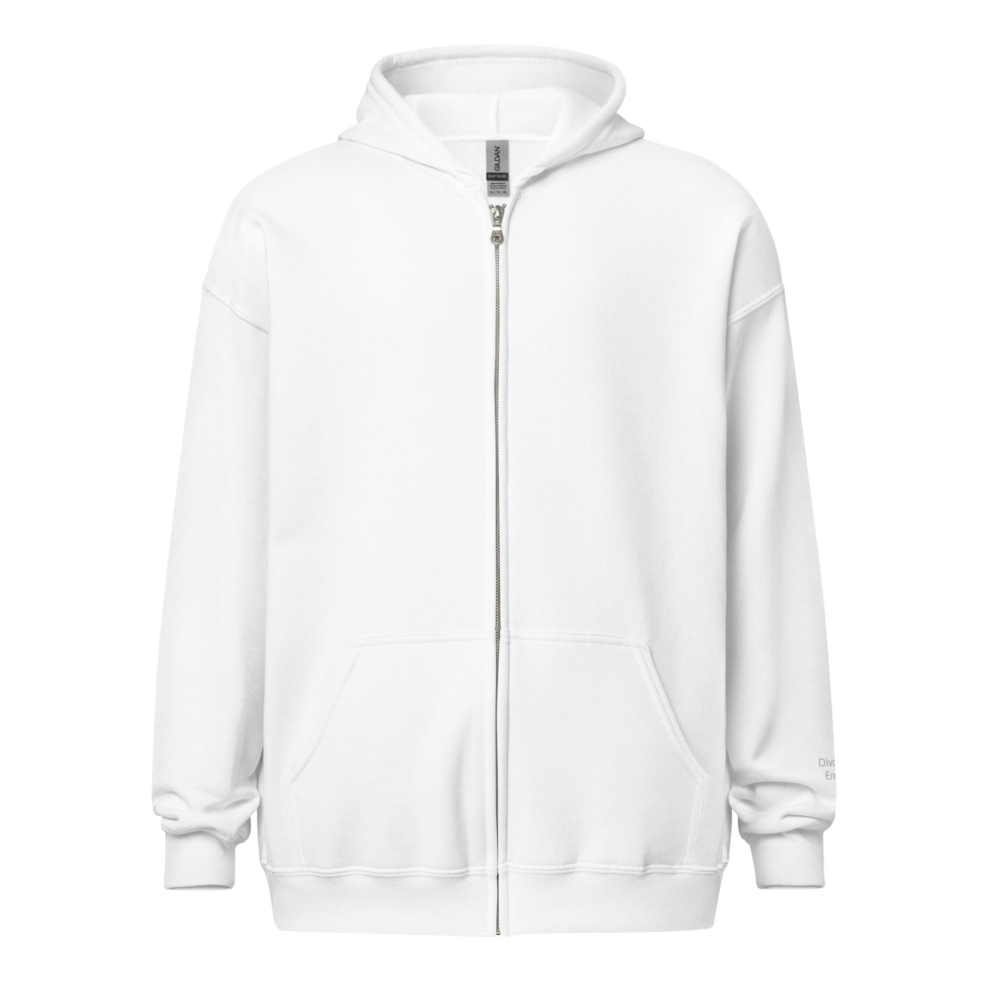 White zip hoodie with Divorced Energy embroidered in white on wrist