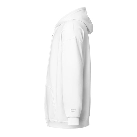 Side view white zip hoodie with Divorced Energy embroidered in white on wrist