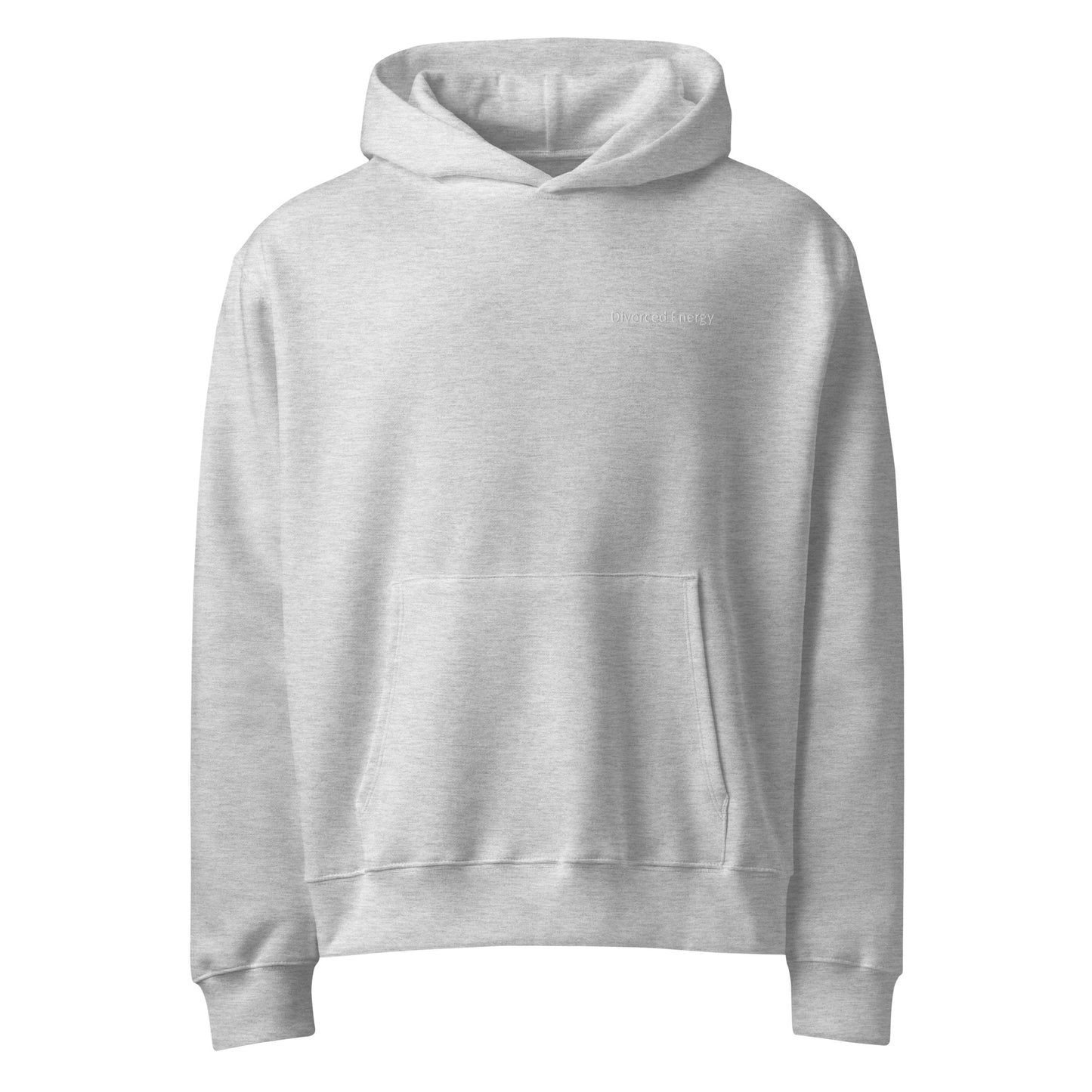 Front view of gray pullover hoodie with hood and kangaroo pocket and divorced energy embroidered in white on left chest 