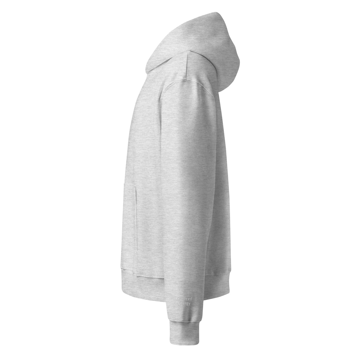 Side view gray pullover hoodie with divorced energy embroidered in white on left wrist
