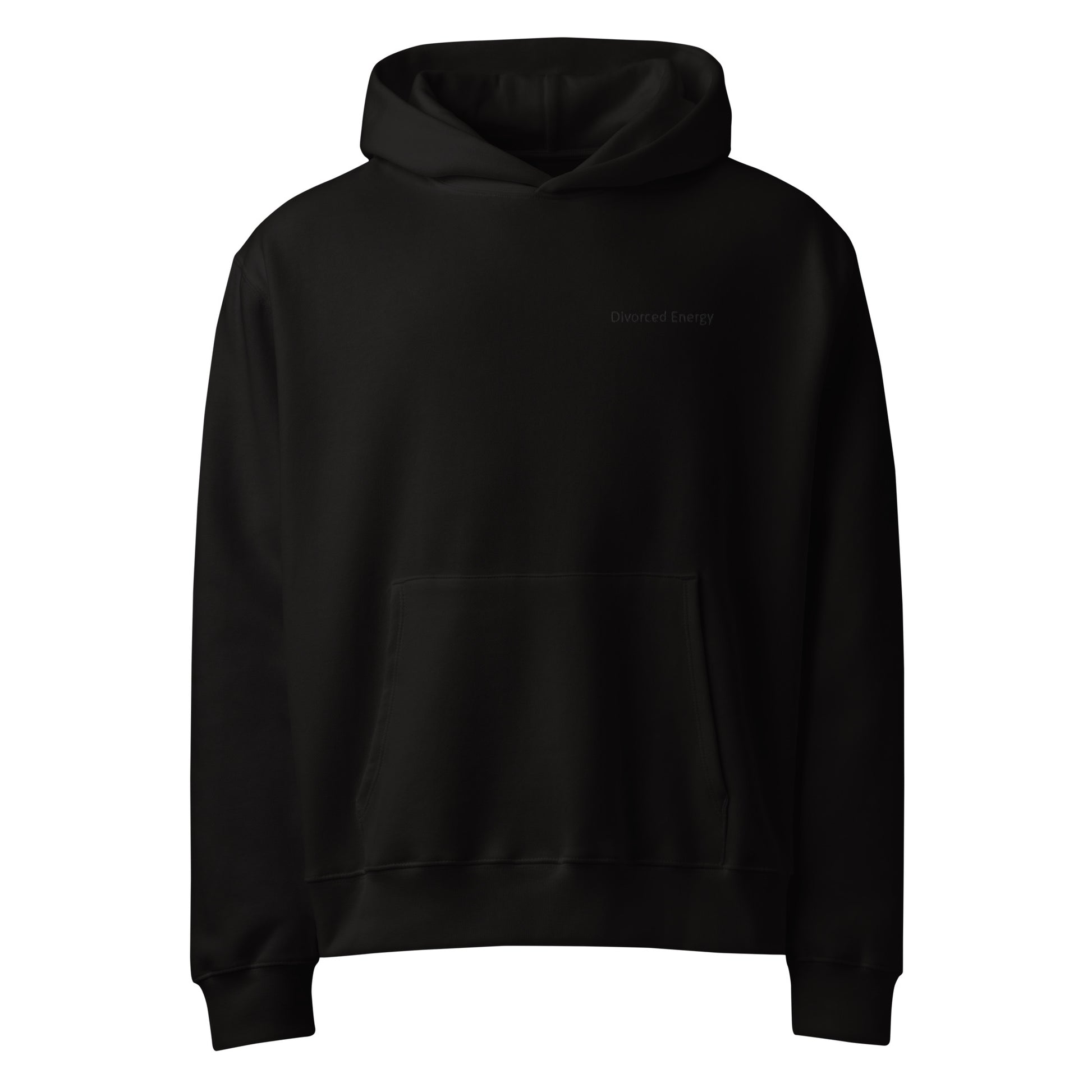 Front view of black pullover hoodie with hood and kangaroo pocket and divorced energy embroidered in black on left chest 