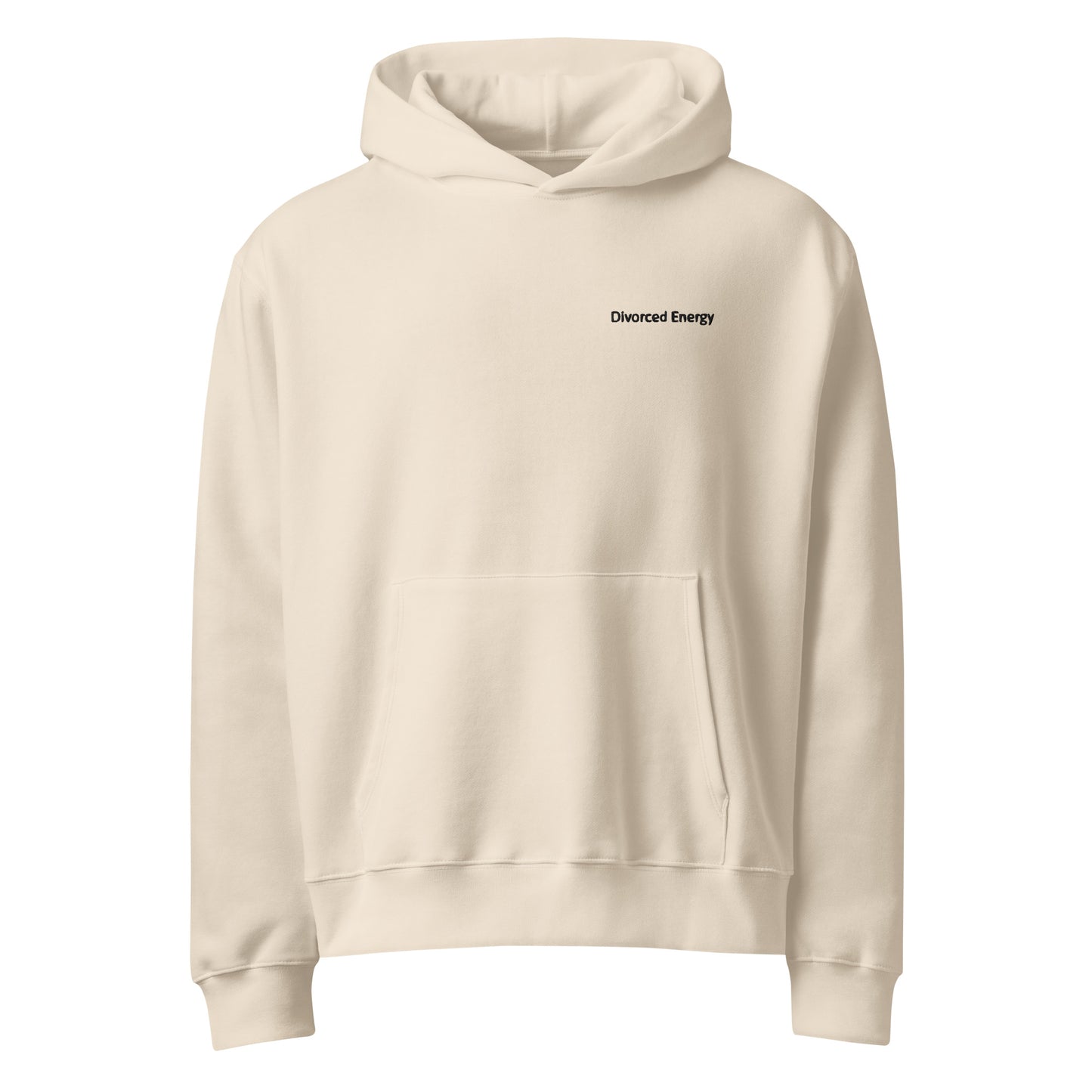 Front view of cream pullover hoodie with hood and kangaroo pocket and divorced energy embroidered in black on left chest 