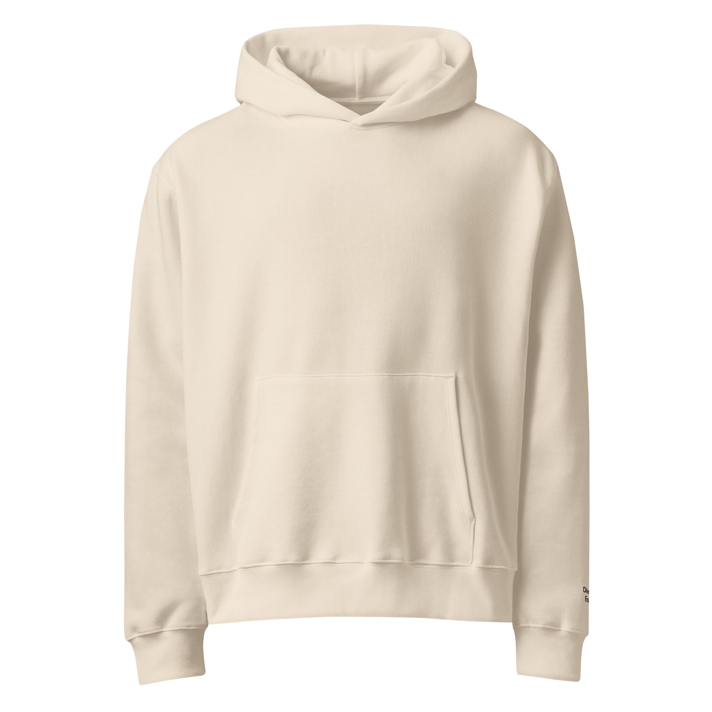 Front view of cream pullover hoodie with hood and kangaroo pocket
