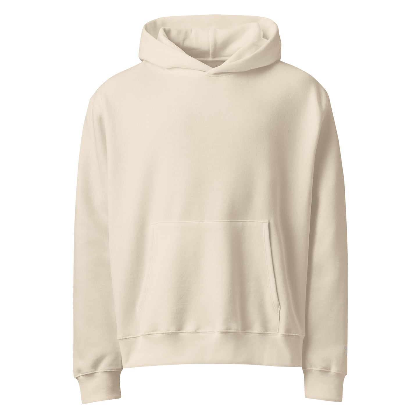 Front view of cream pullover hoodie with hood and kangaroo pocket