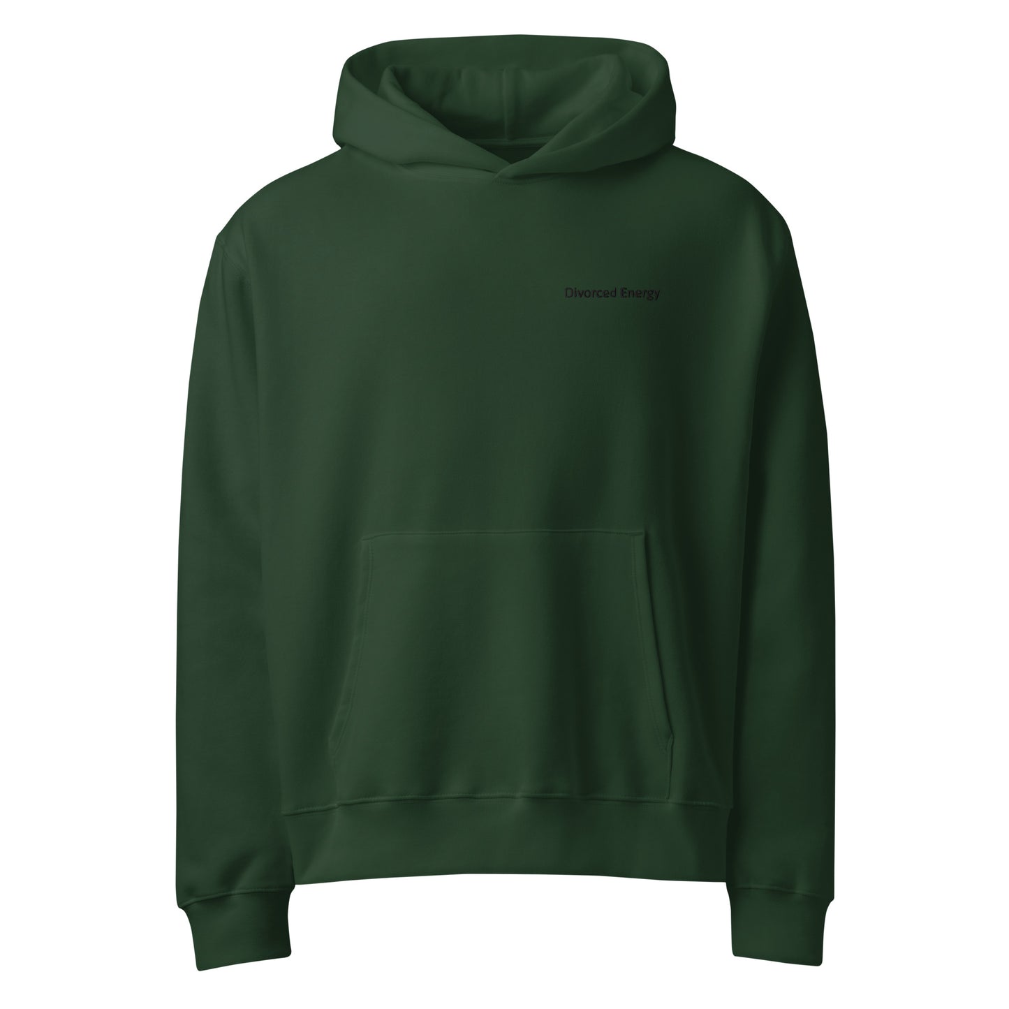 Front view of green pullover hoodie with hood and kangaroo pocket and divorced energy embroidered in black on left chest 