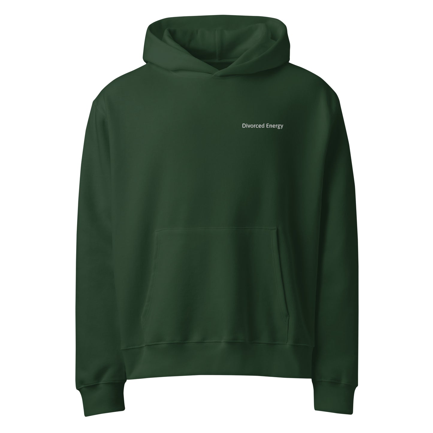 Front view of green pullover hoodie with hood and kangaroo pocket and divorced energy embroidered in white on left chest 
