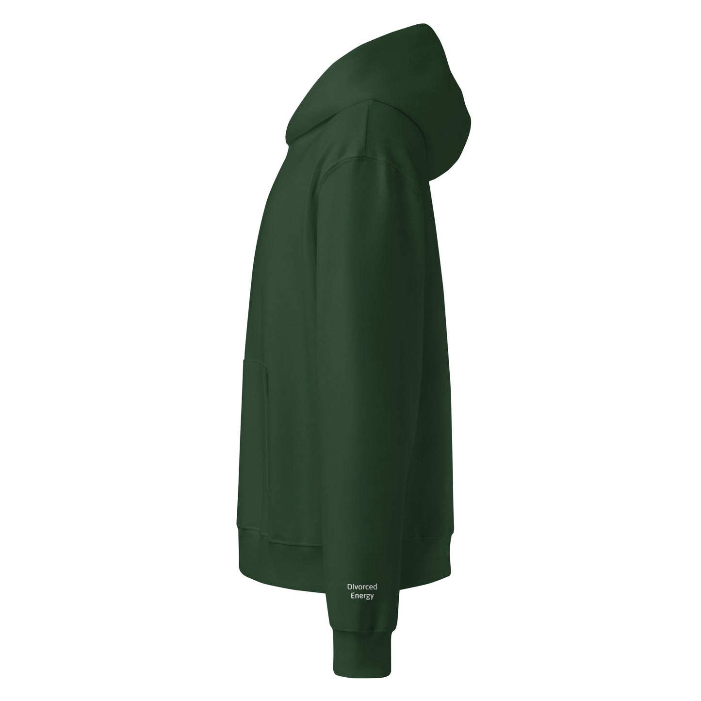 Side view green pullover hoodie with divorced energy embroidered in white on left wrist