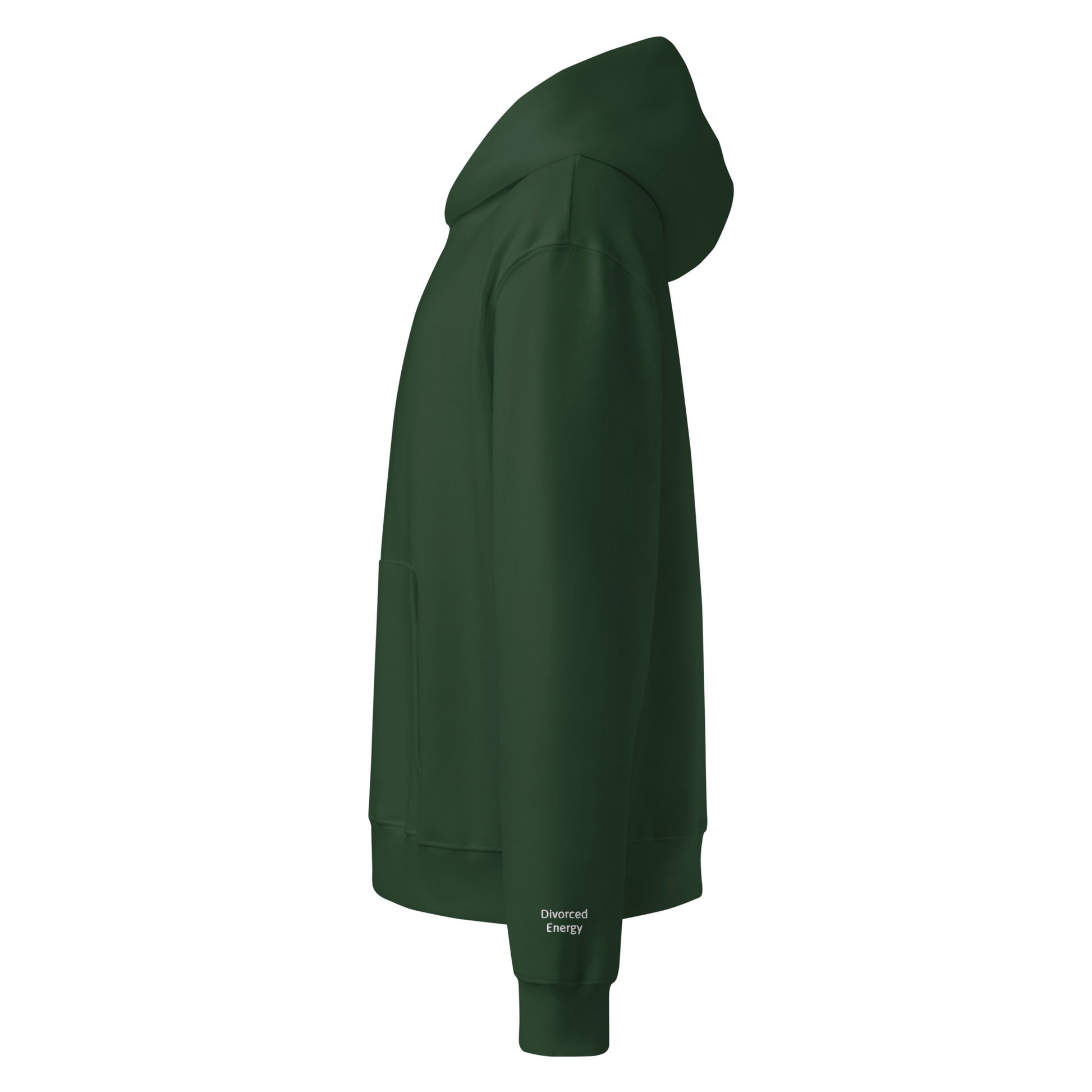 Side view green pullover hoodie with divorced energy embroidered in white on left wrist