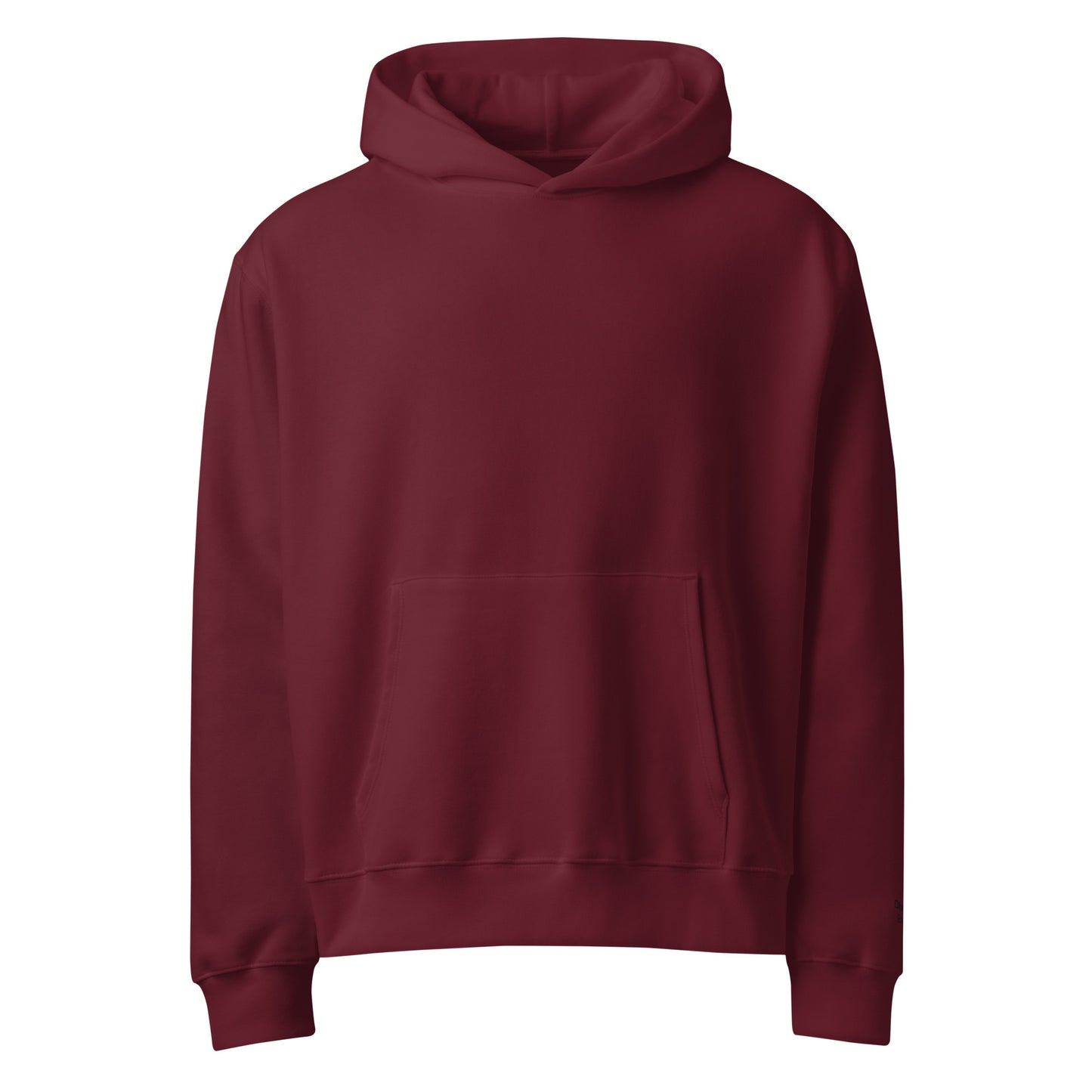 Front view of red pullover hoodie with hood and kangaroo pocket