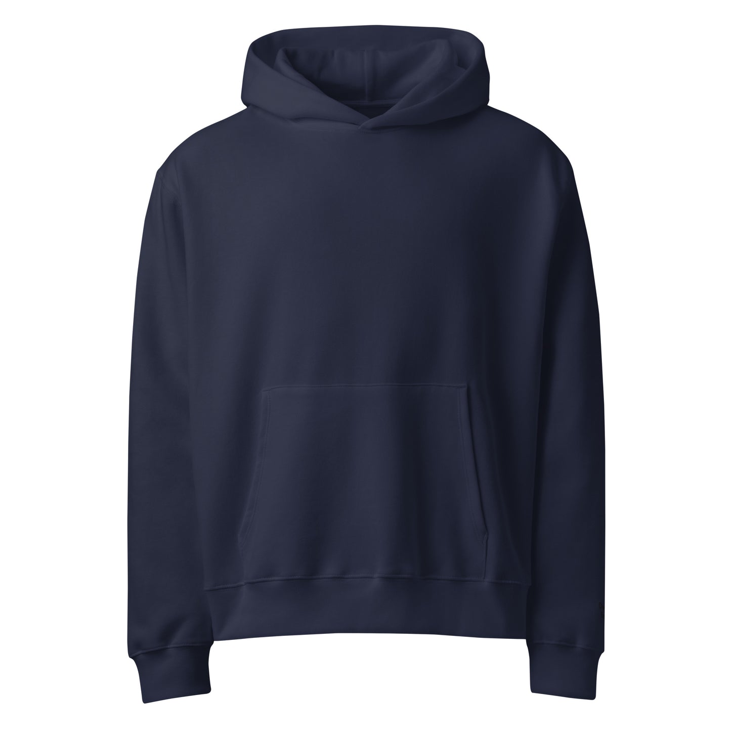 Front view of navy pullover hoodie with hood and kangaroo pocket