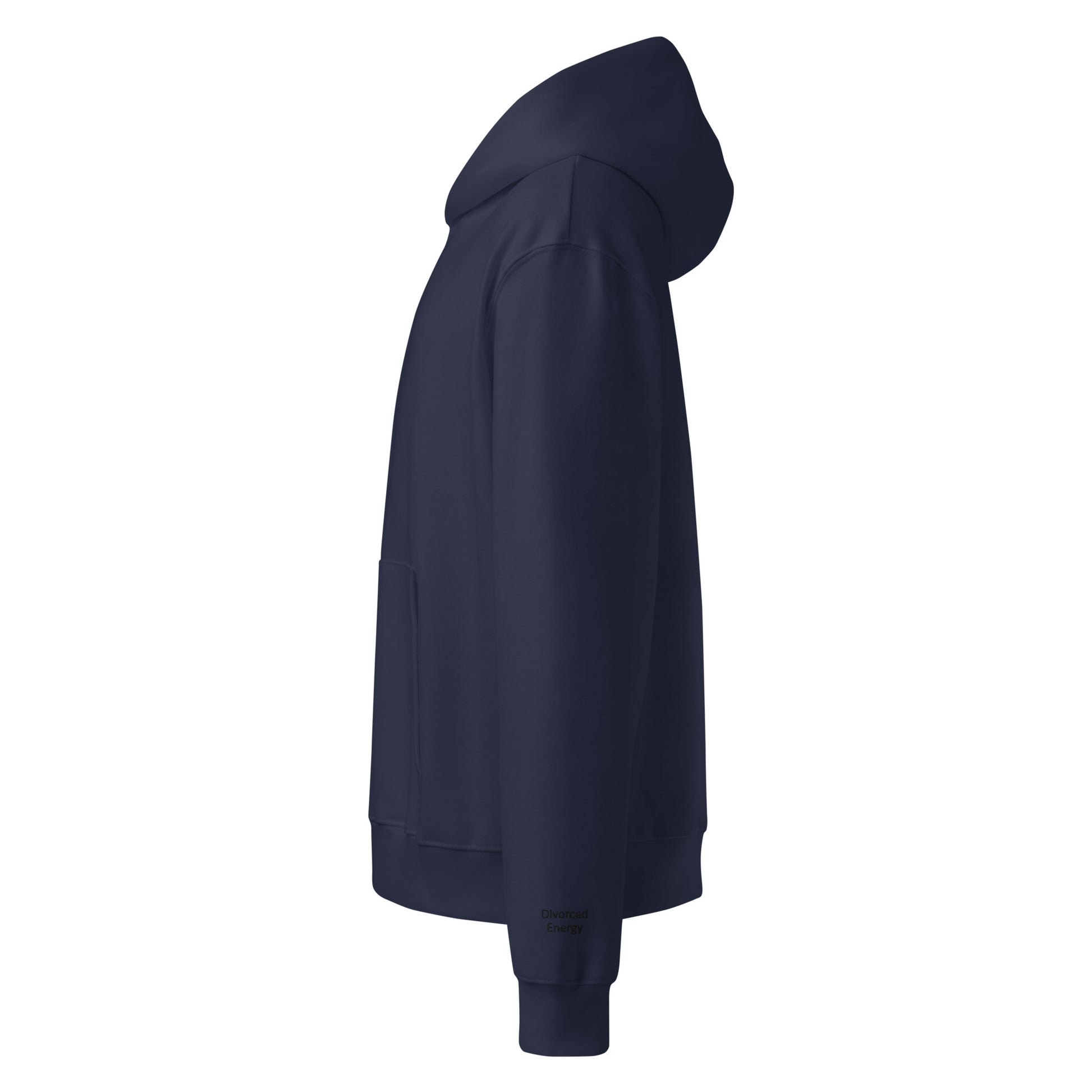 Side view of navy pullover hoodie with divorced energy embroidered in black on left wrist