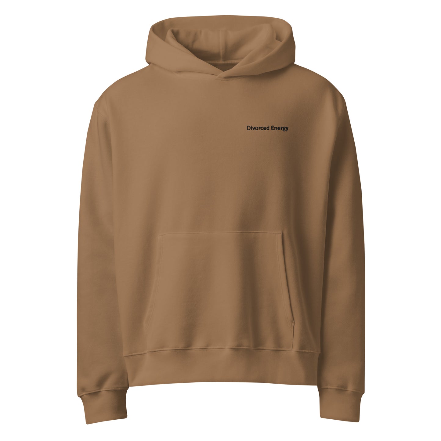 Front view of brown pullover hoodie with hood and kangaroo pocket and divorced energy embroidered in black on left chest 