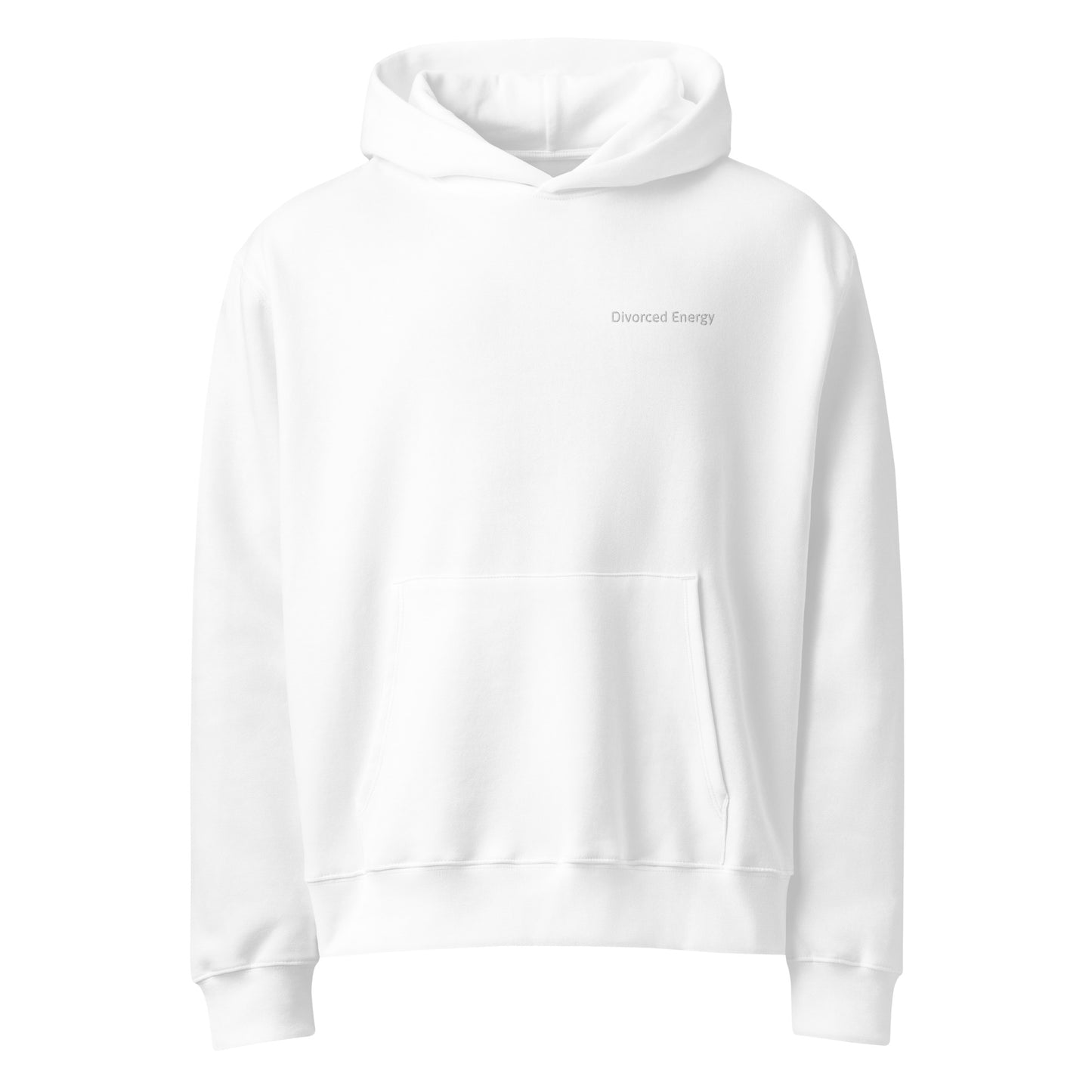 Front view of white pullover hoodie with hood and kangaroo pocket and divorced energy embroidered in white on left chest 