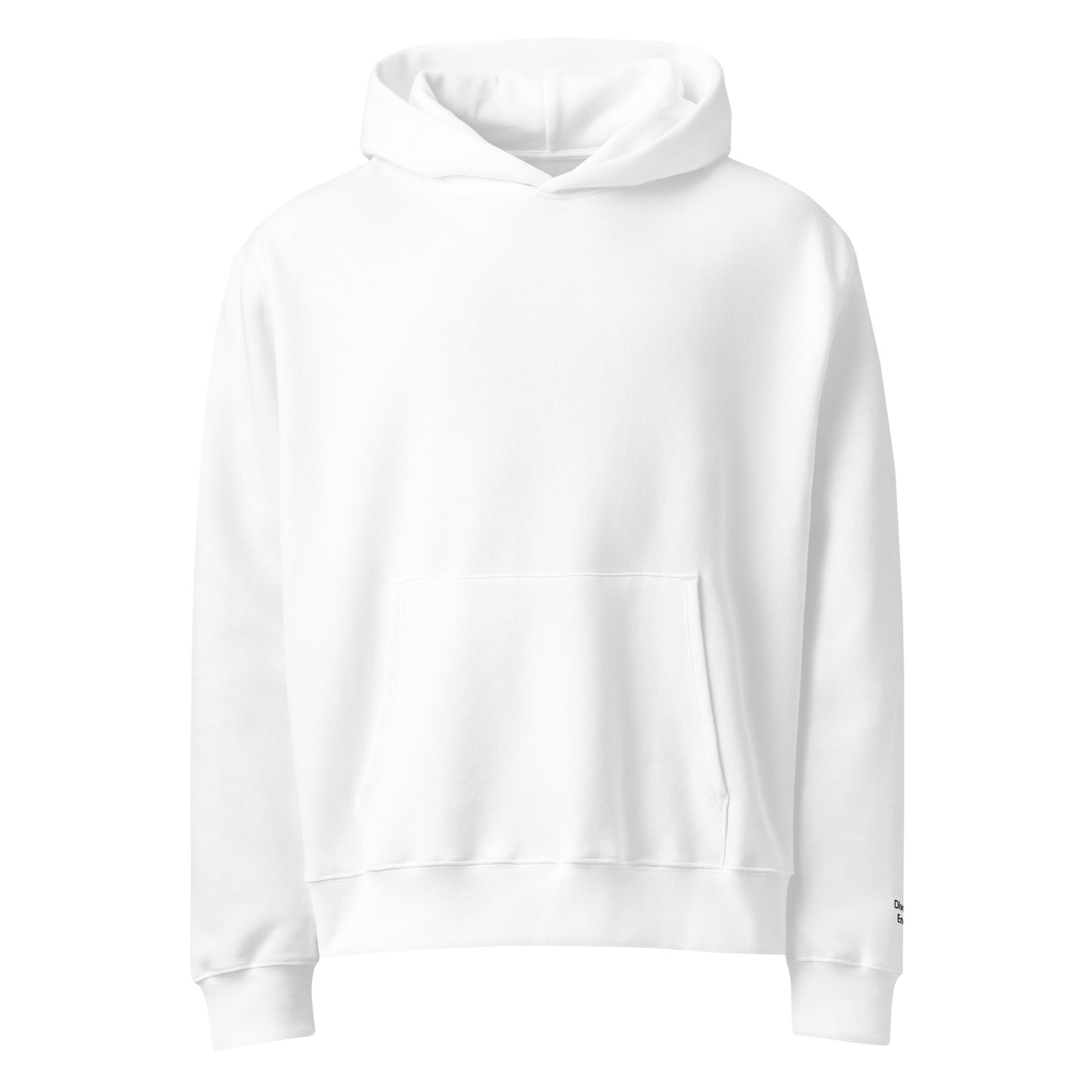 Front view of white pullover hoodie with hood and kangaroo pocket