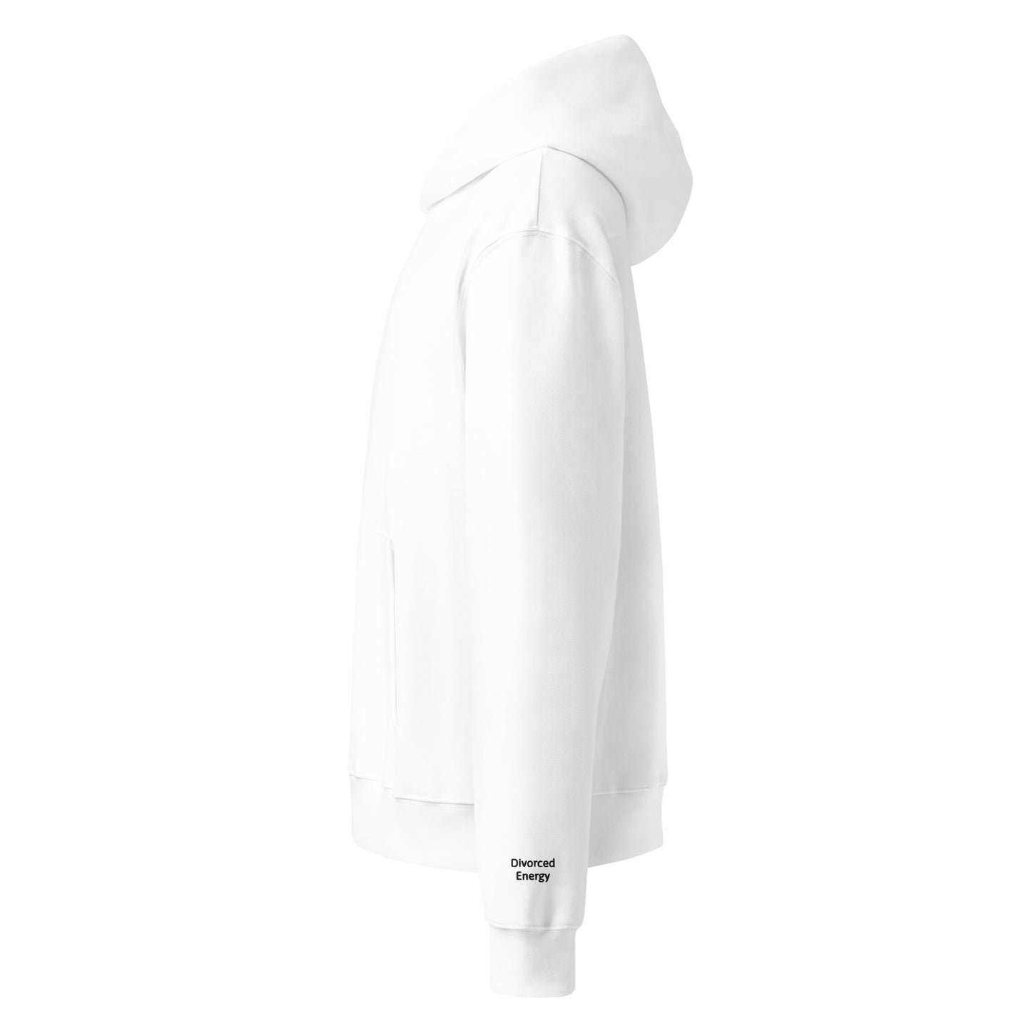 Side view white pullover hoodie with divorced energy embroidered in black on left wrist